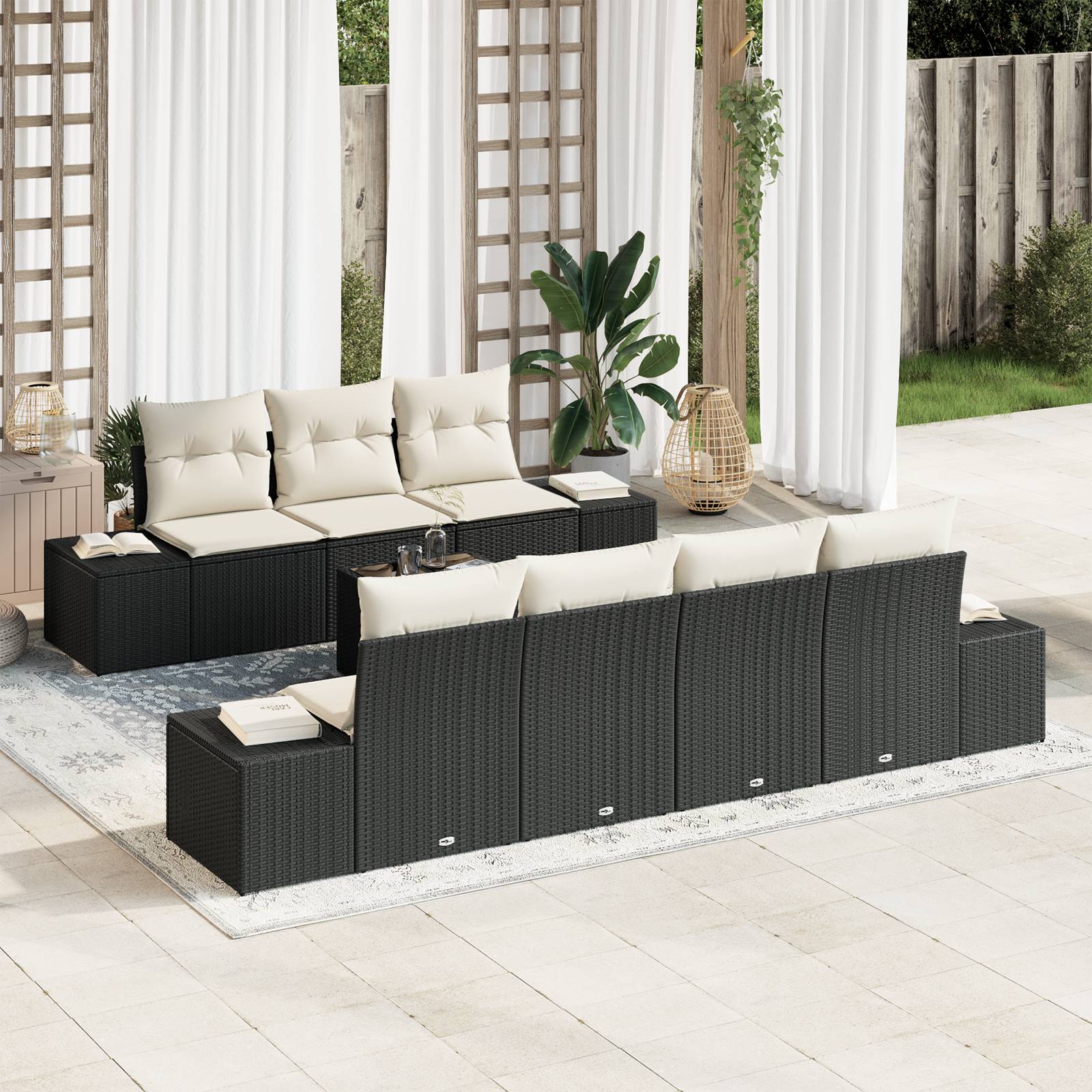 vidaXL 8-tlg. Garten-Sofagarnitur mit Kissen Schwarz Poly Rattan