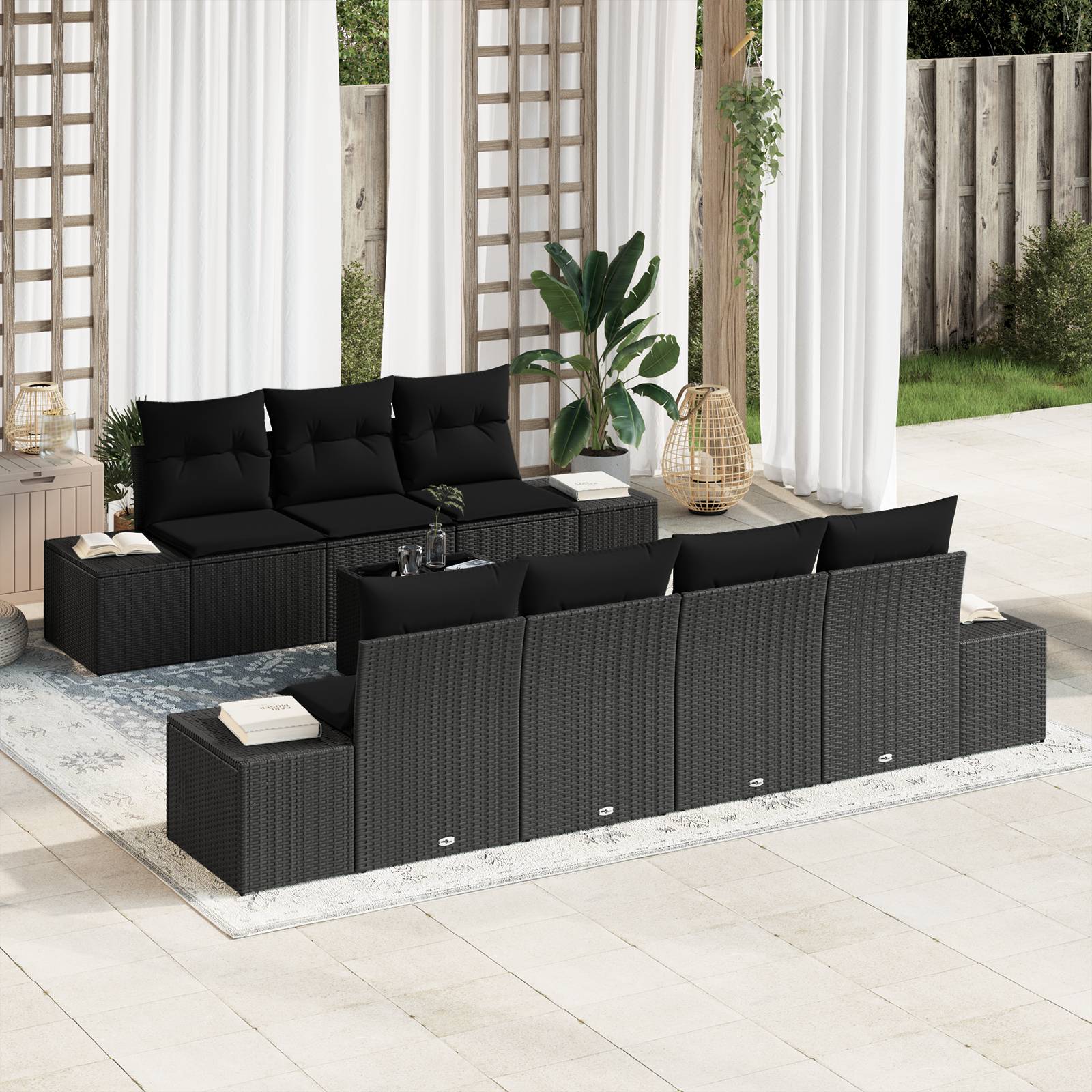 vidaXL 8 Teiliges Garten Sofa Set mit Kissen Schwarz Poly Rattan