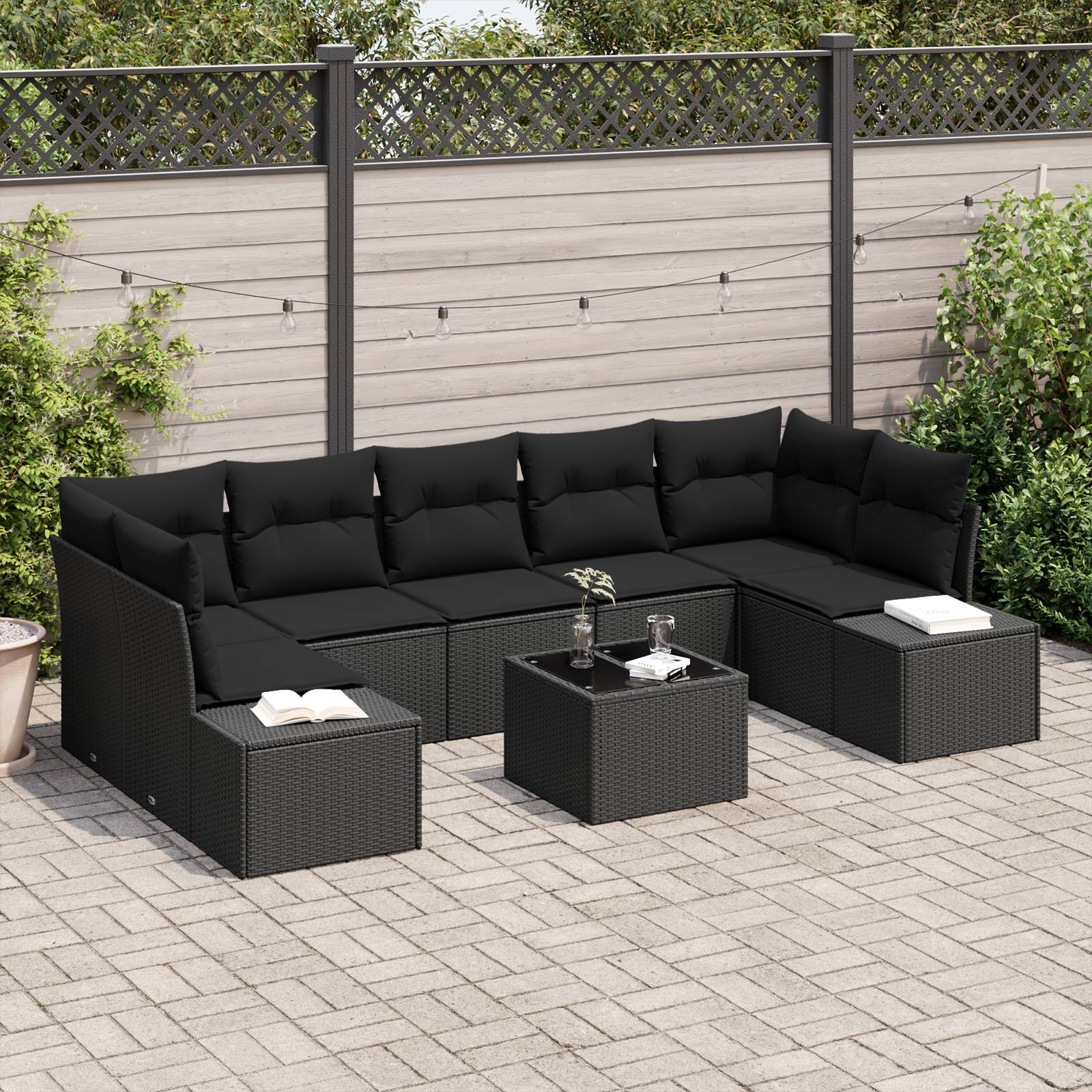vidaXL 8-teiliges Garten Sofa Set mit Kissen in Schwarz aus Poly Rattan