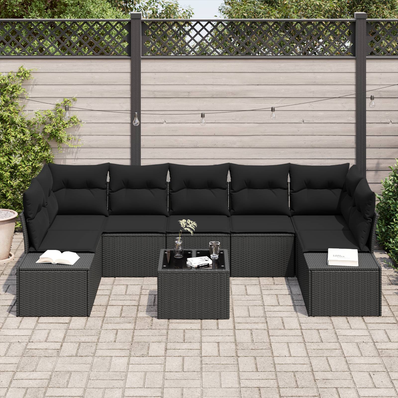 vidaXL 8-teiliges Garten Sofa Set mit Kissen in Schwarz aus Poly Rattan