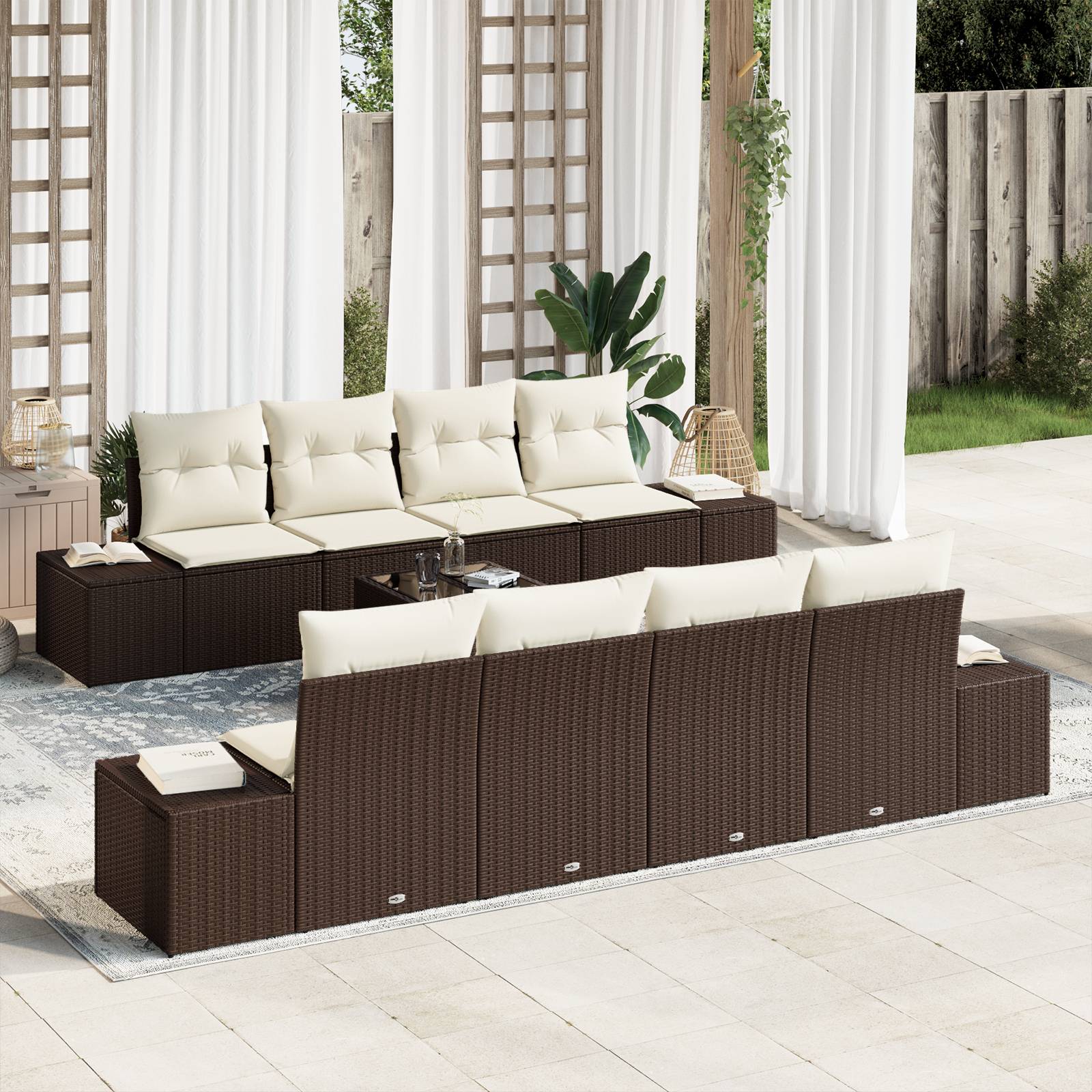 vidaXL 7-tlg. Garten-Sofagarnitur mit Kissen Braun Poly Rattan