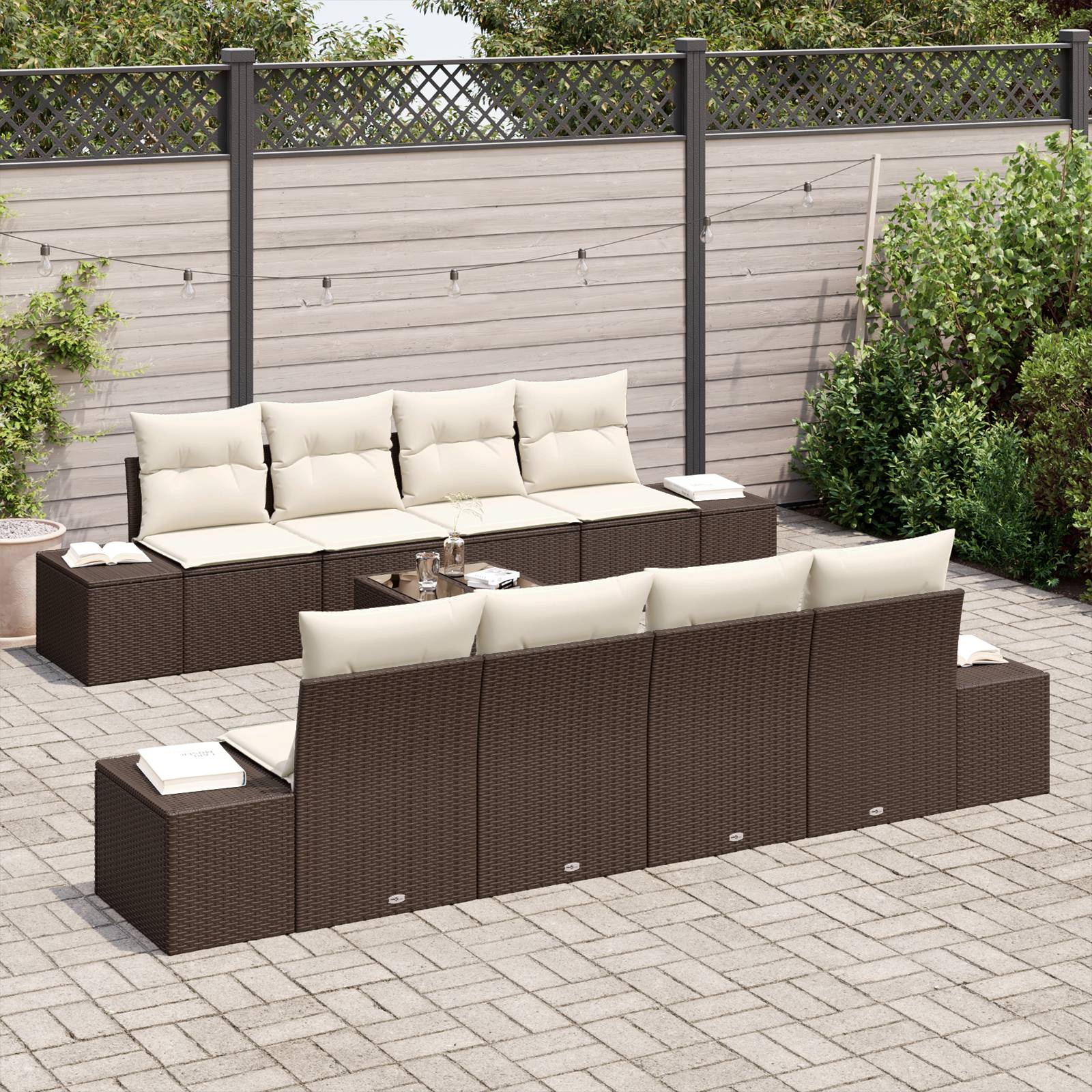 vidaXL 7-tlg. Garten-Sofagarnitur mit Kissen Braun Poly Rattan