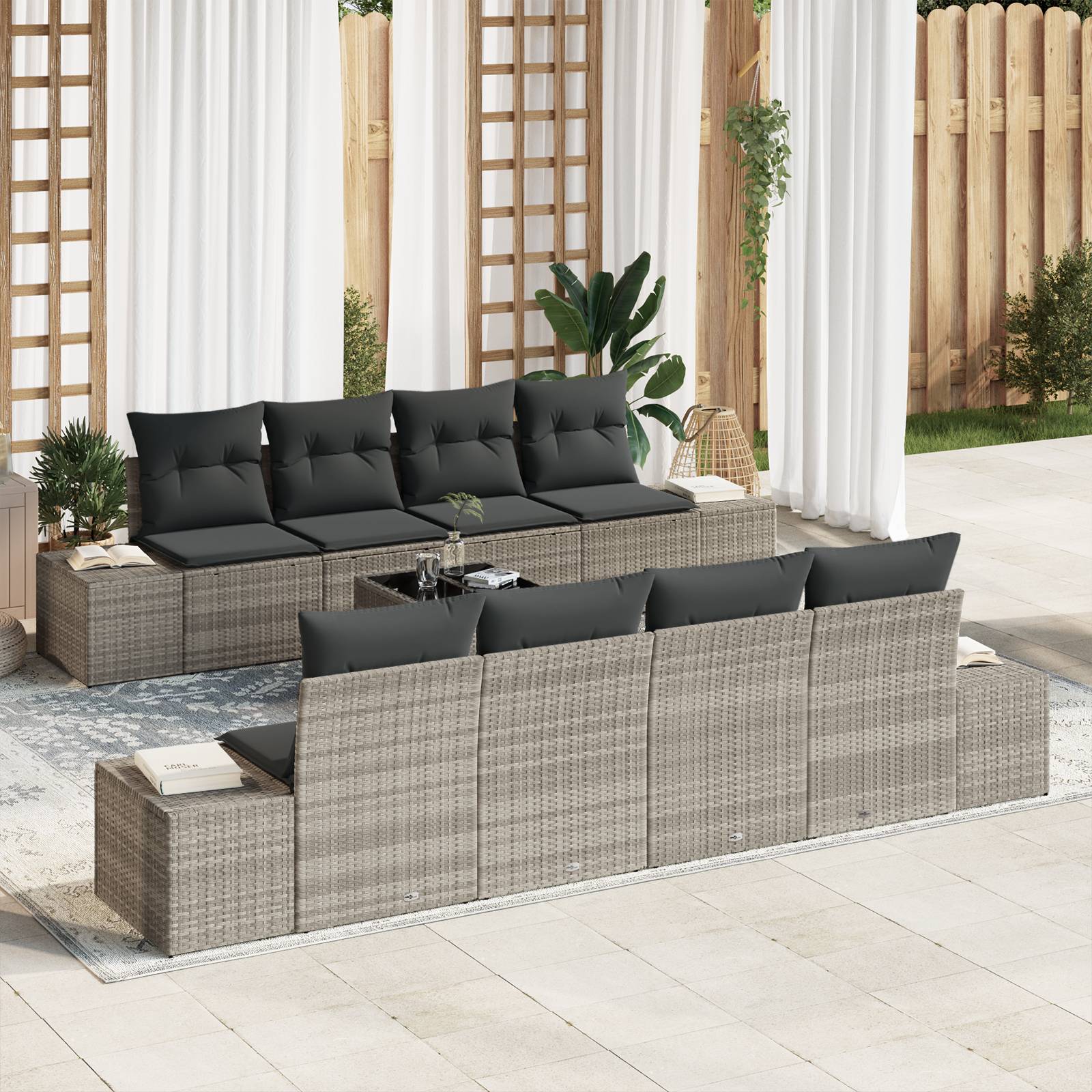 vidaXL 9-tlg. Garten-Sofagarnitur mit Kissen Hellgrau Poly Rattan