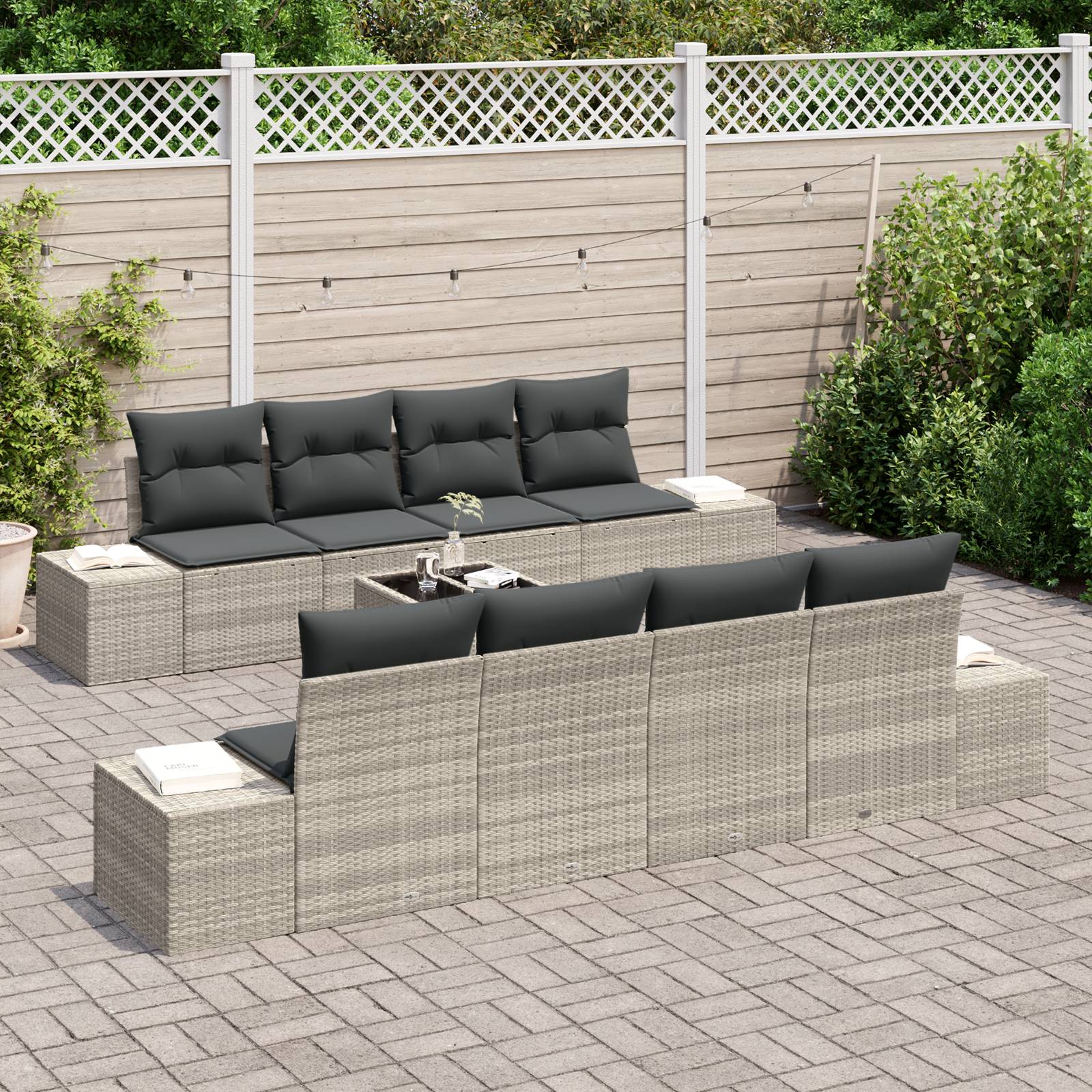vidaXL 9-tlg. Garten-Sofagarnitur mit Kissen Hellgrau Poly Rattan