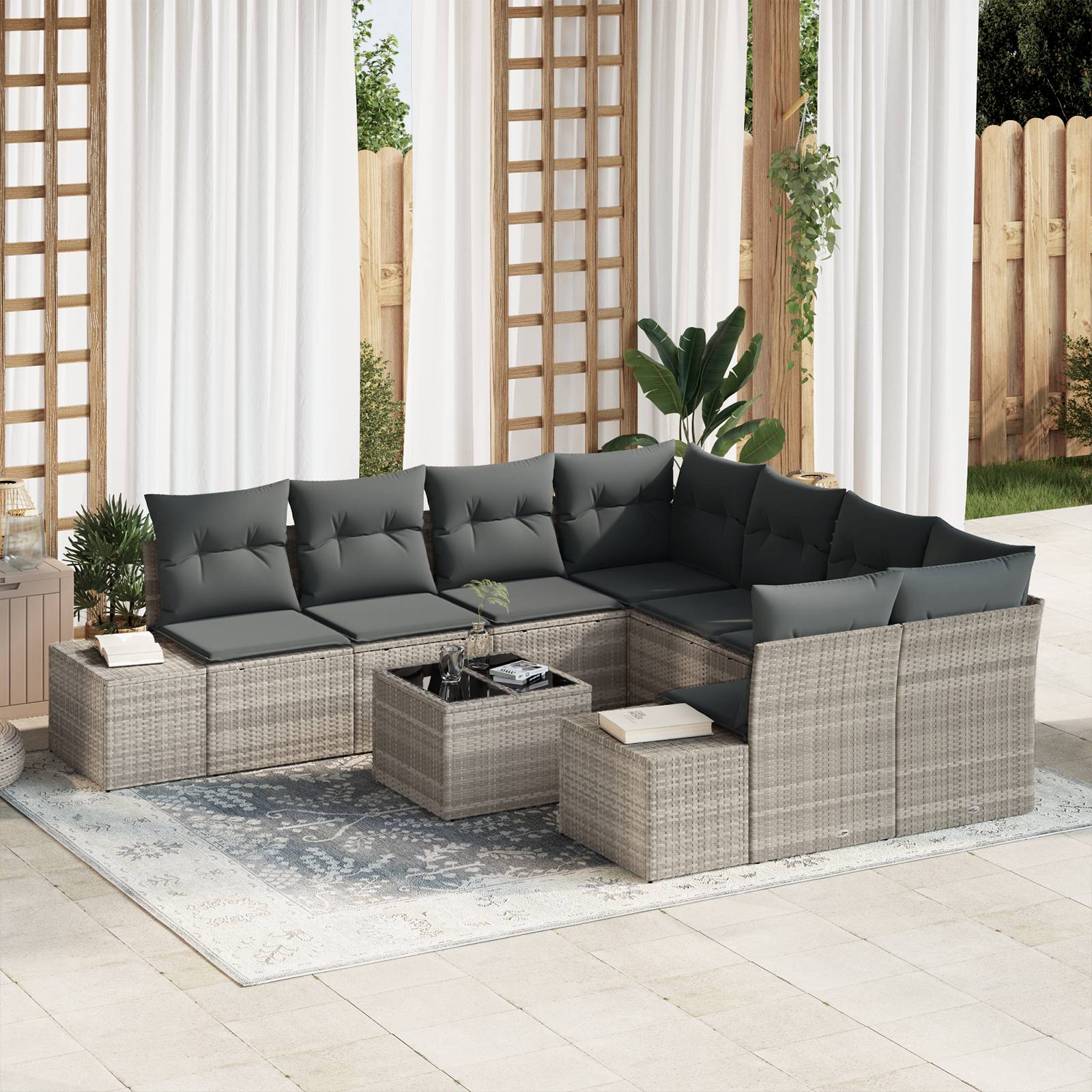 vidaXL 9-tlg. Garten-Sofagarnitur mit Kissen Hellgrau Poly Rattan