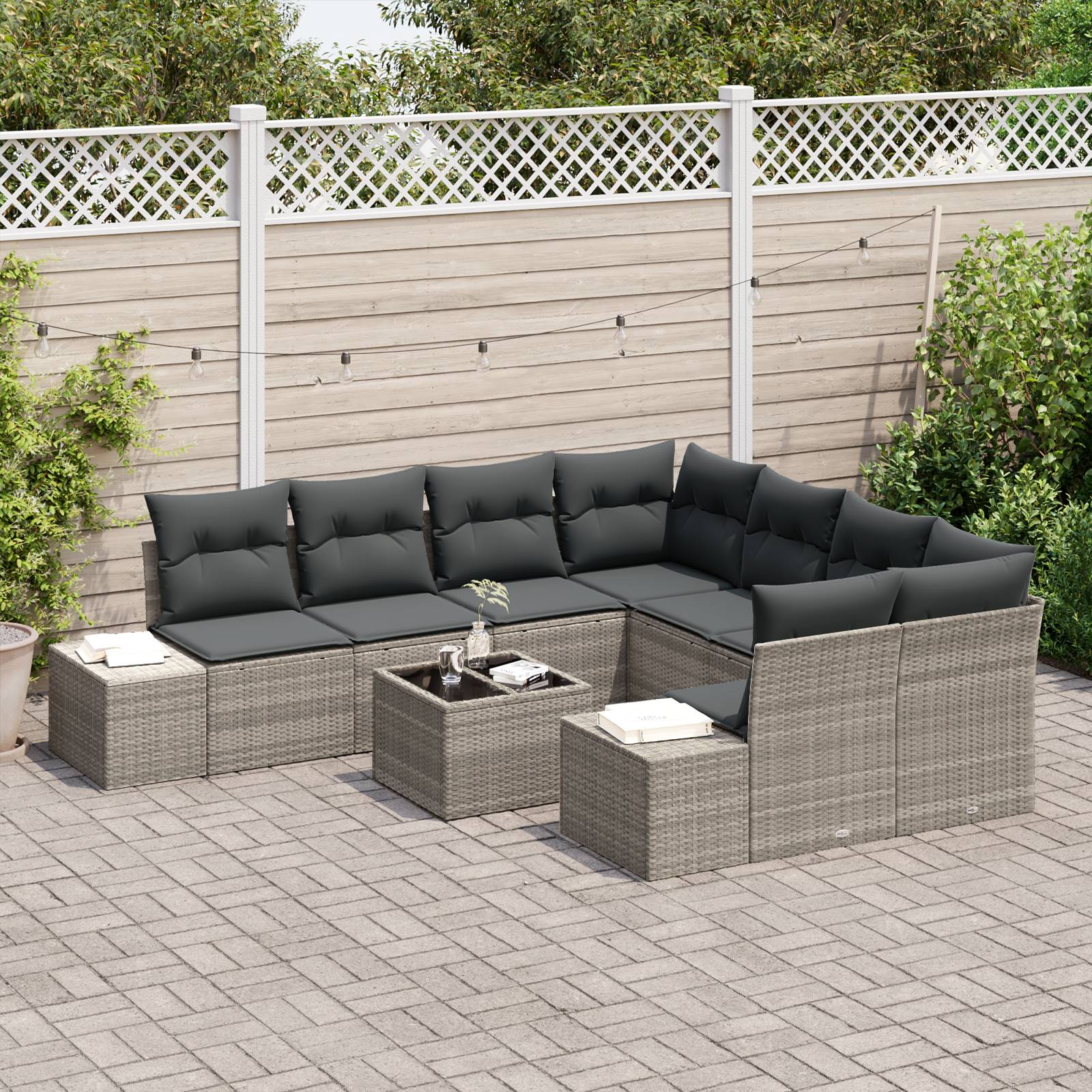 vidaXL 9-tlg. Garten-Sofagarnitur mit Kissen Hellgrau Poly Rattan
