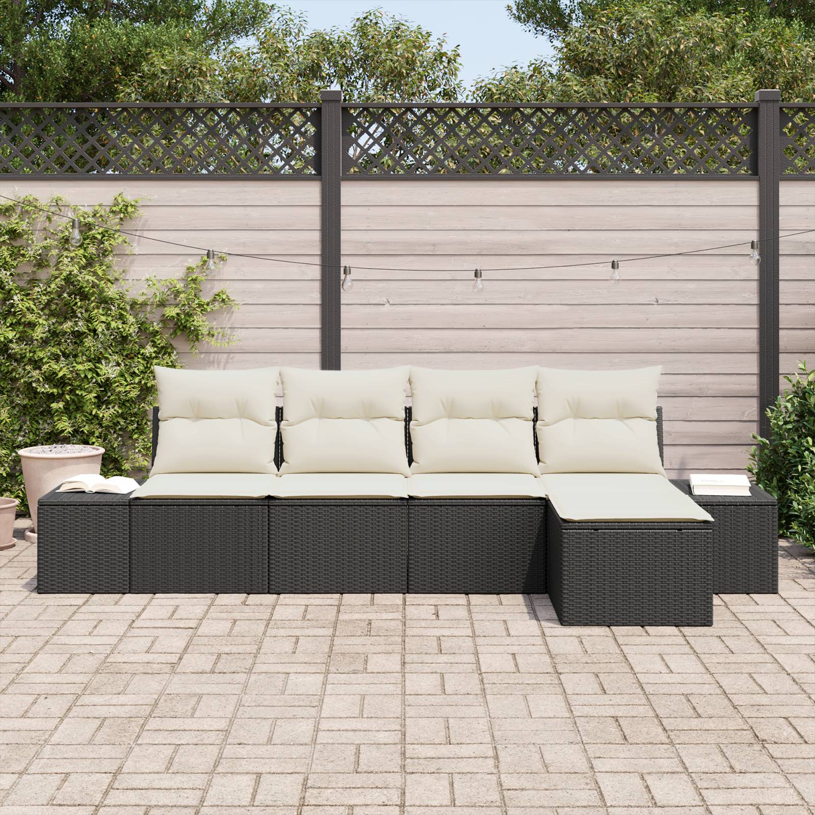 vidaXL 5-tlg. Garten-Sofagarnitur mit Kissen Schwarz Poly Rattan