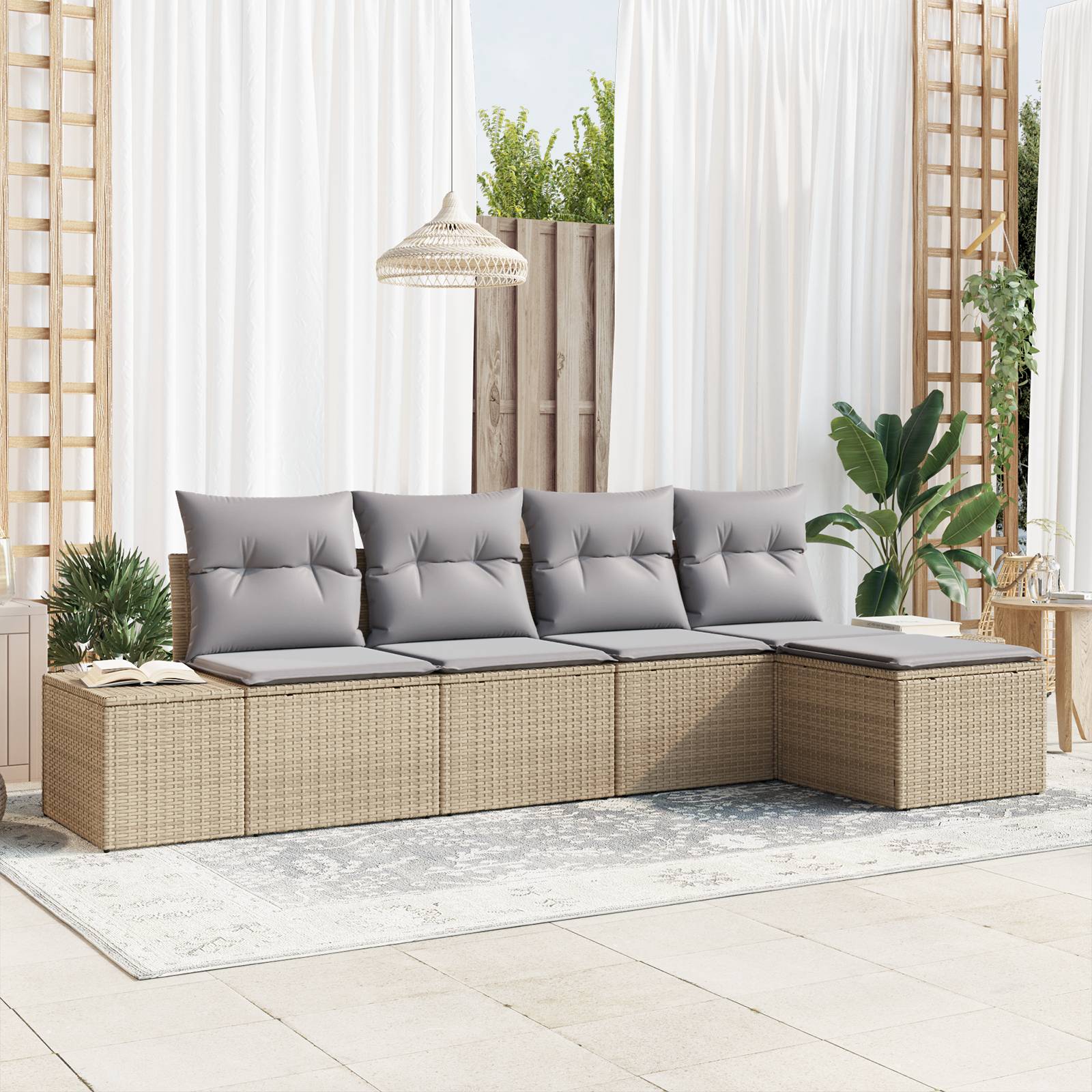vidaXL 5-tlg. Garten-Sofagarnitur mit Kissen Beige Poly Rattan