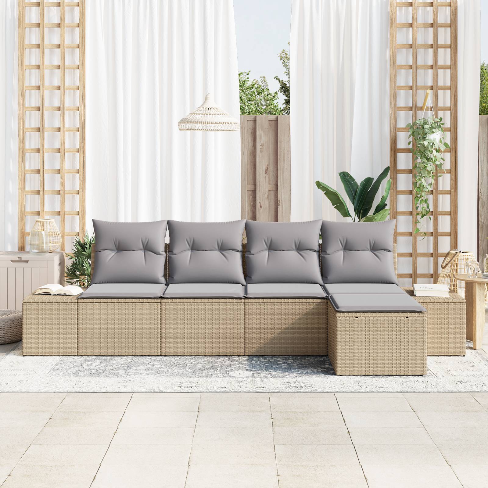 vidaXL 5-tlg. Garten-Sofagarnitur mit Kissen Beige Poly Rattan