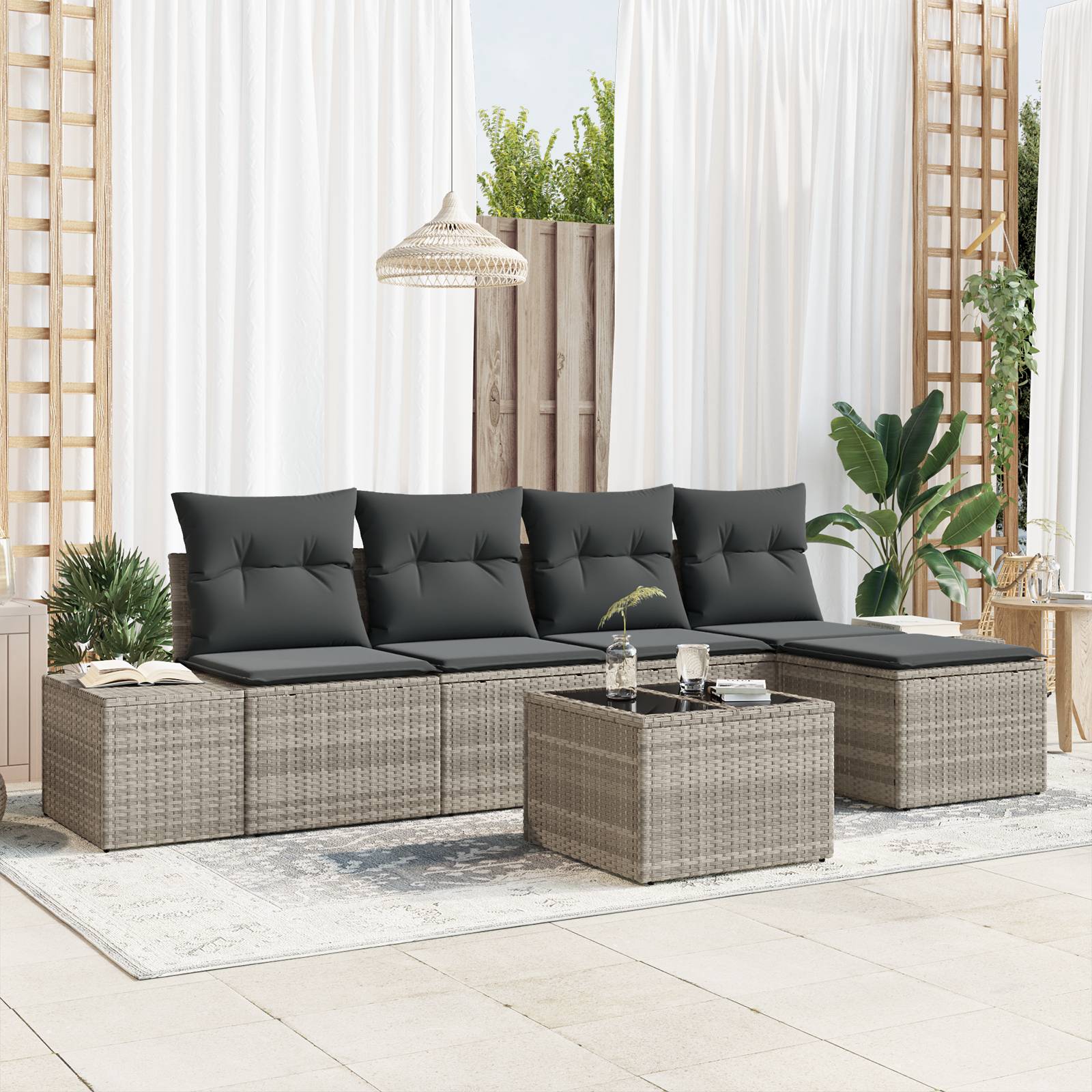 vidaXL 6-tlg. Garten-Sofagarnitur mit Kissen Grau Poly Rattan