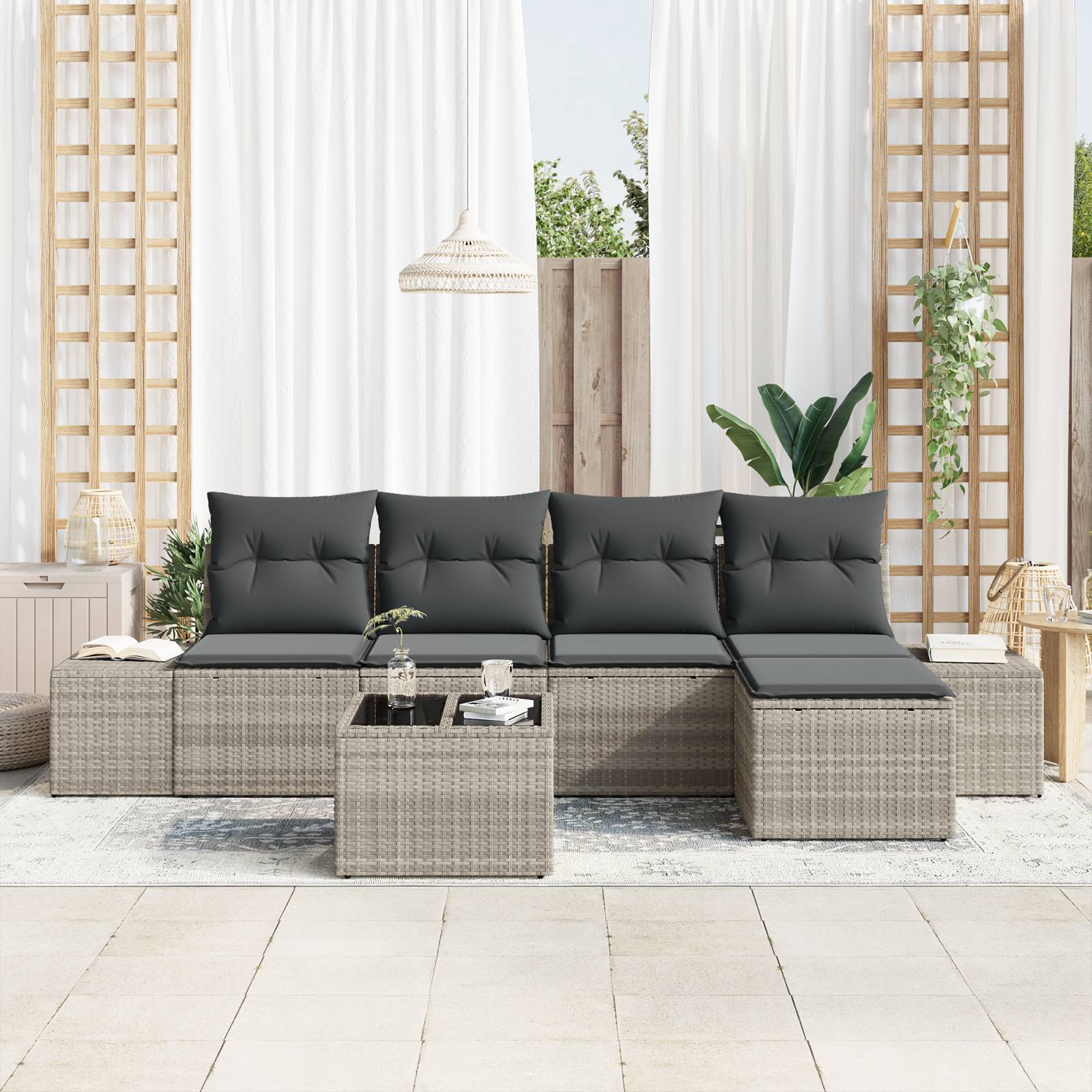vidaXL 6-tlg. Garten-Sofagarnitur mit Kissen Grau Poly Rattan