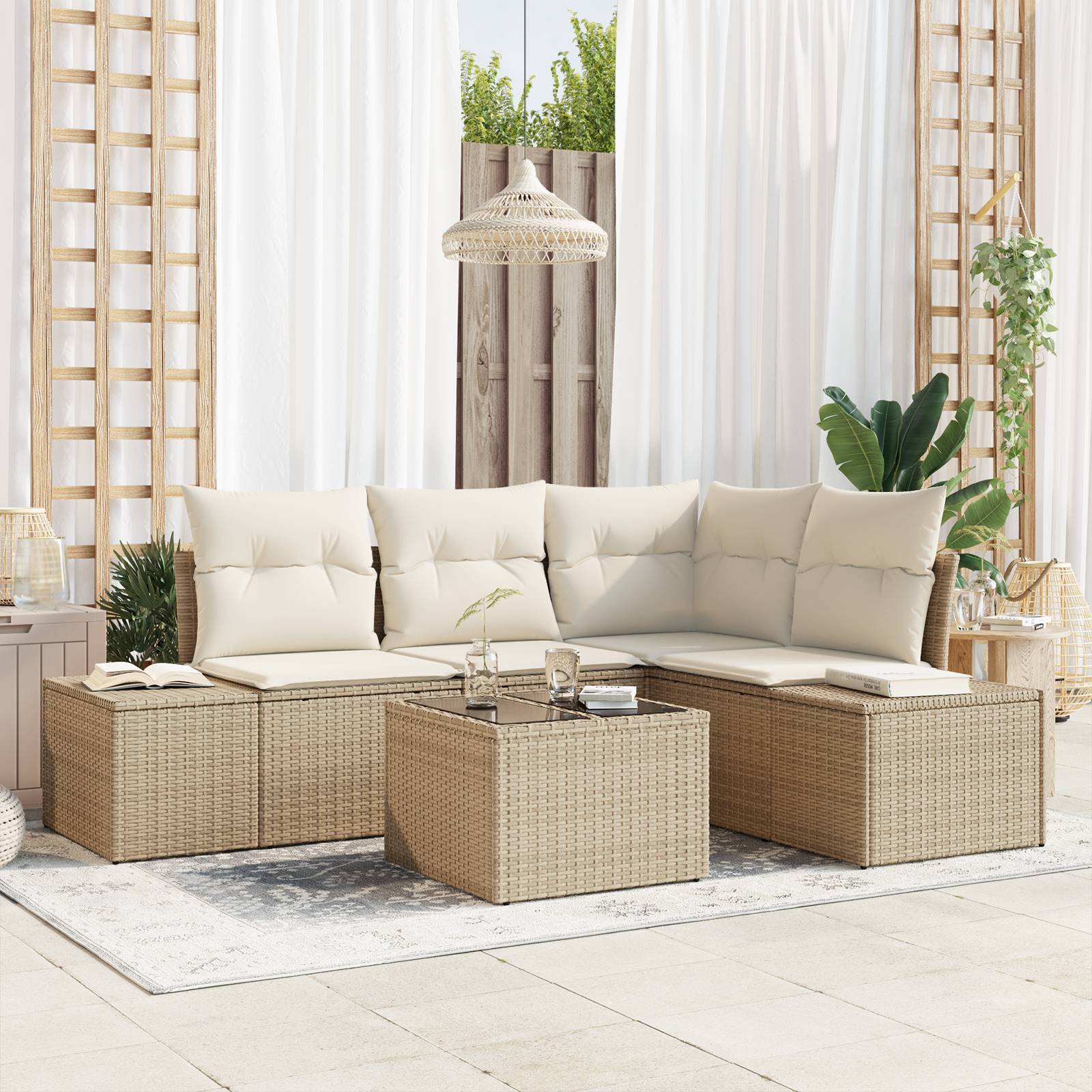 vidaXL 5-tlg. Garten-Sofagarnitur mit Kissen Braun Poly Rattan