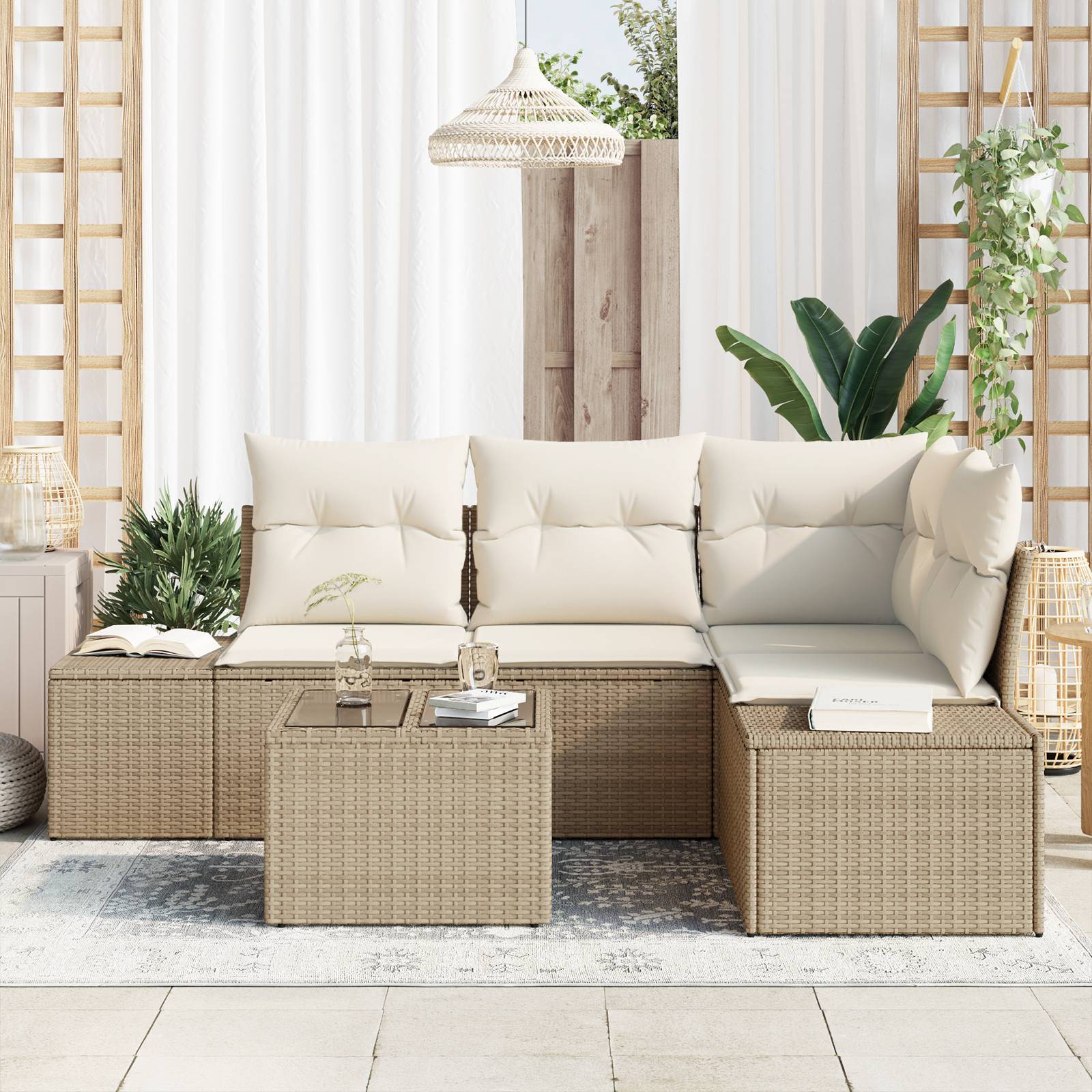 vidaXL 5-tlg. Garten-Sofagarnitur mit Kissen Braun Poly Rattan