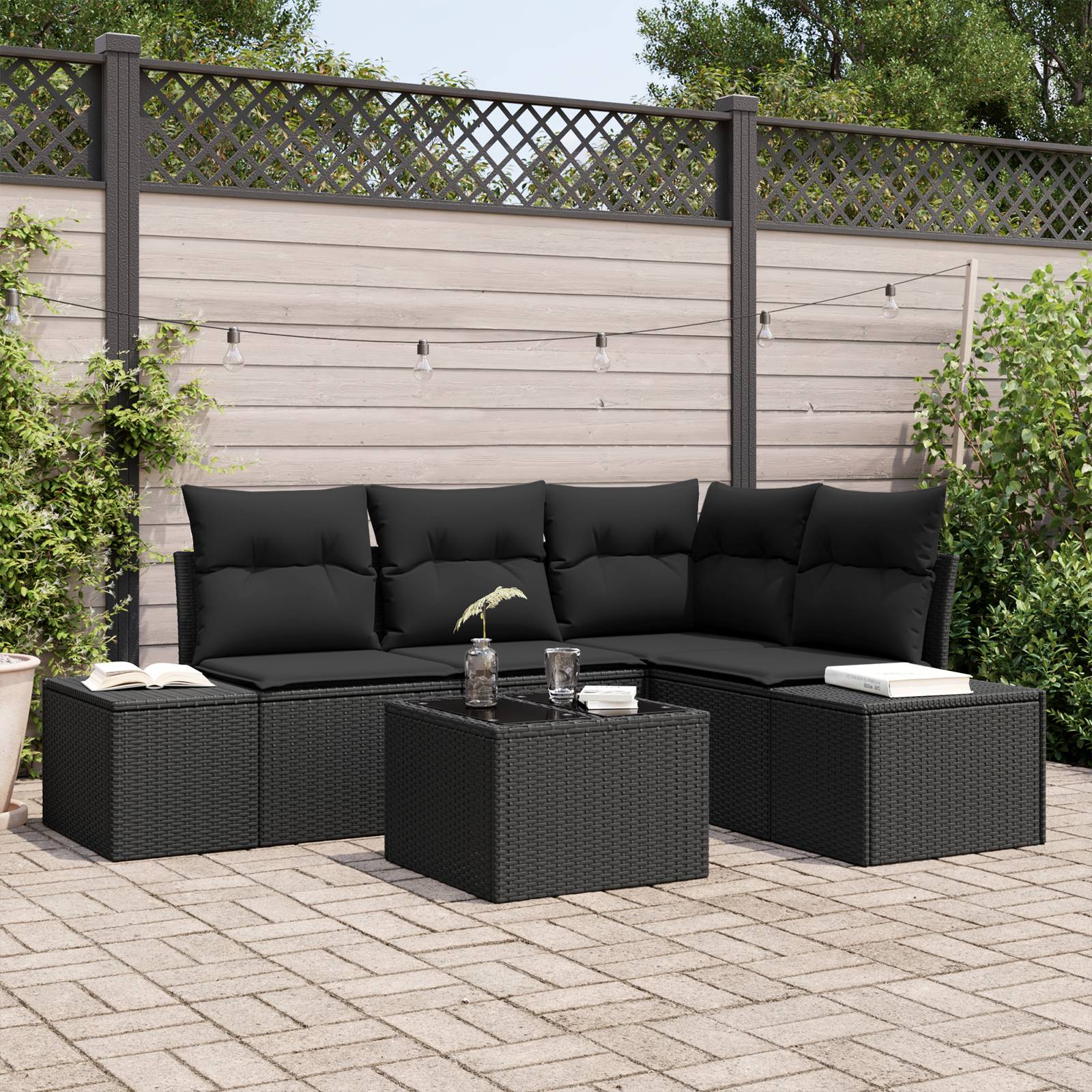 vidaXL 5-tlg. Garten-Sofagarnitur mit Kissen Beige Poly Rattan
