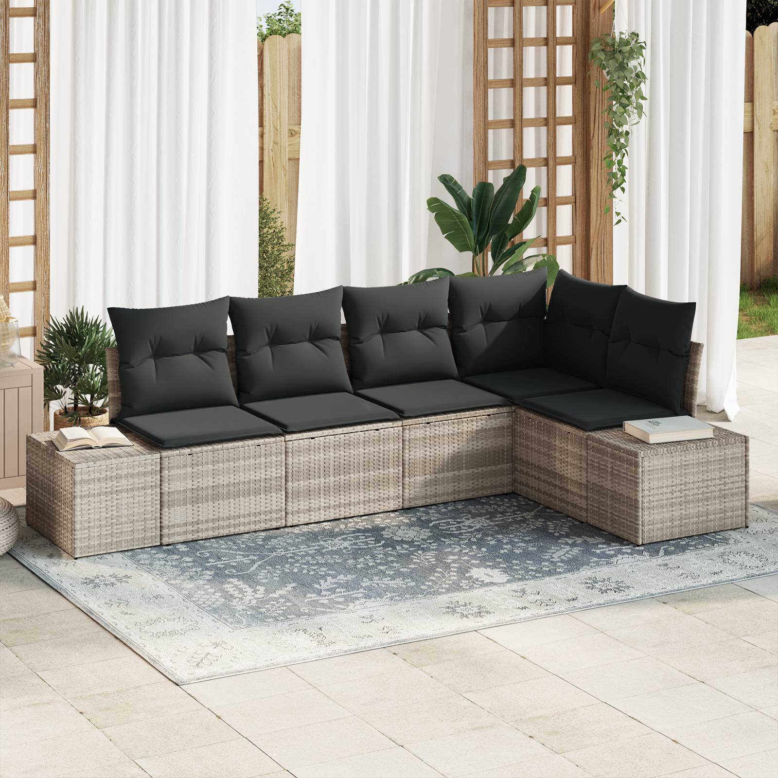 vidaXL 5-tlg. Garten-Sofagarnitur mit Kissen Hellgrau Poly Rattan