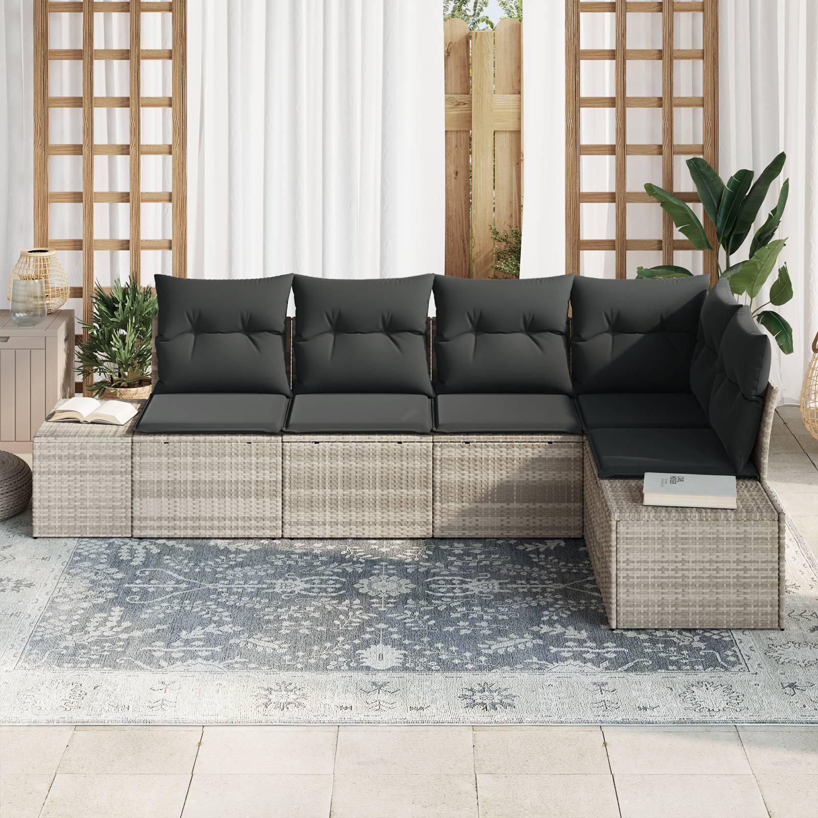 vidaXL 5-tlg. Garten-Sofagarnitur mit Kissen Hellgrau Poly Rattan