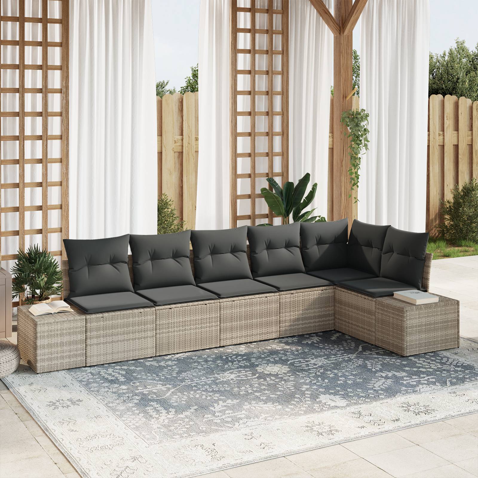 vidaXL 6-tlg. Garten-Sofagarnitur mit Kissen Hellgrau Poly Rattan