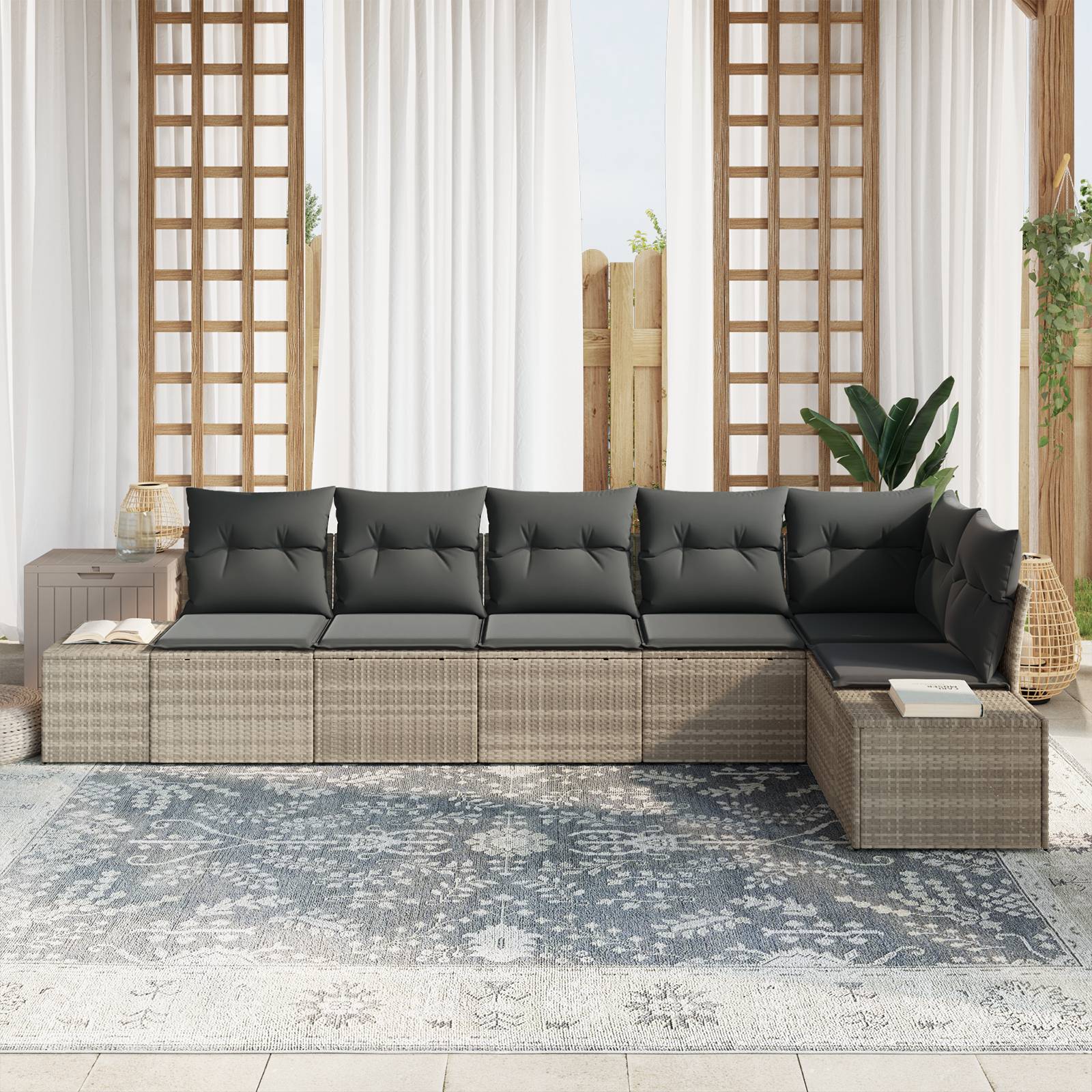 vidaXL 6-tlg. Garten-Sofagarnitur mit Kissen Hellgrau Poly Rattan