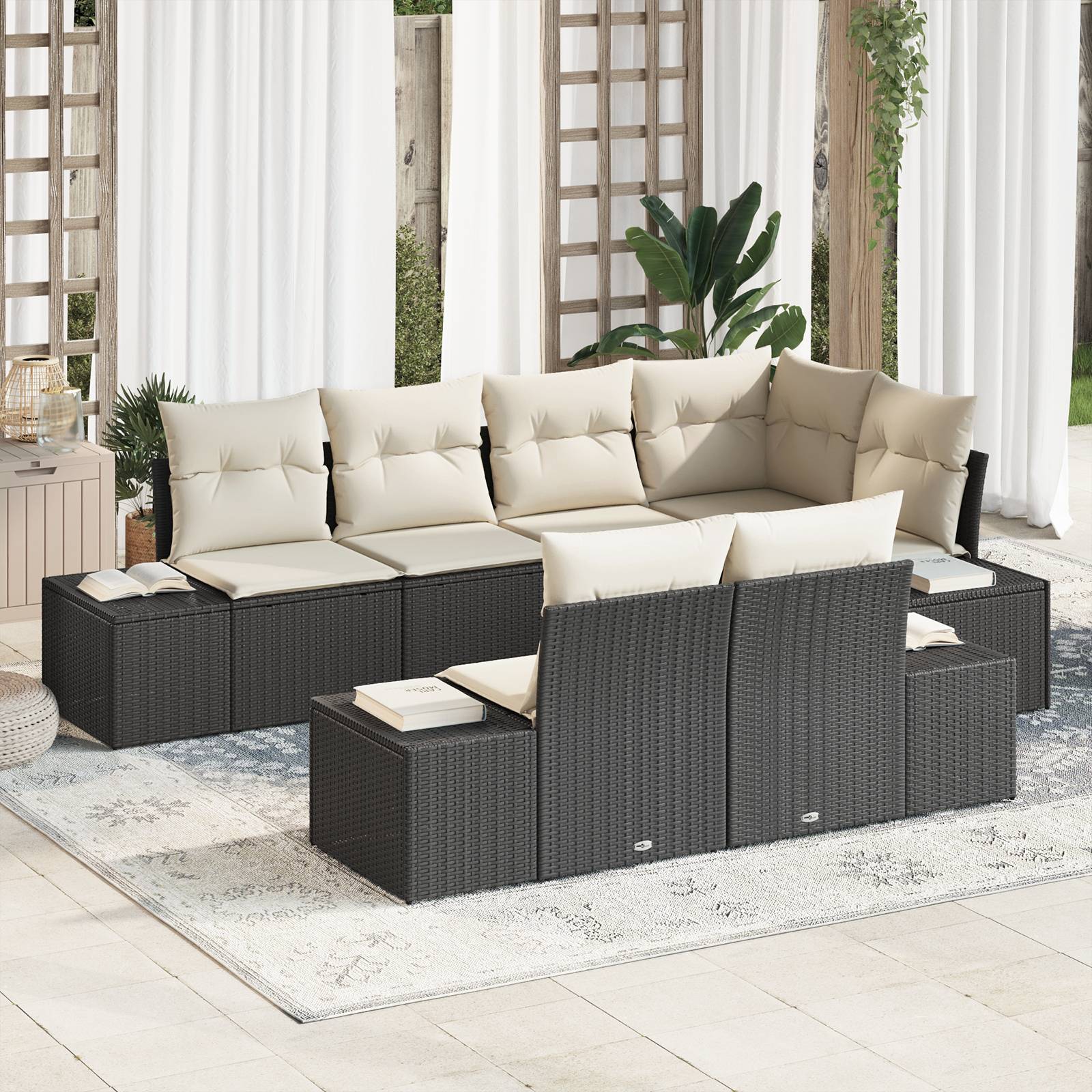 vidaXL 7-tlg. Garten-Sofagarnitur mit Kissen Schwarz Poly Rattan
