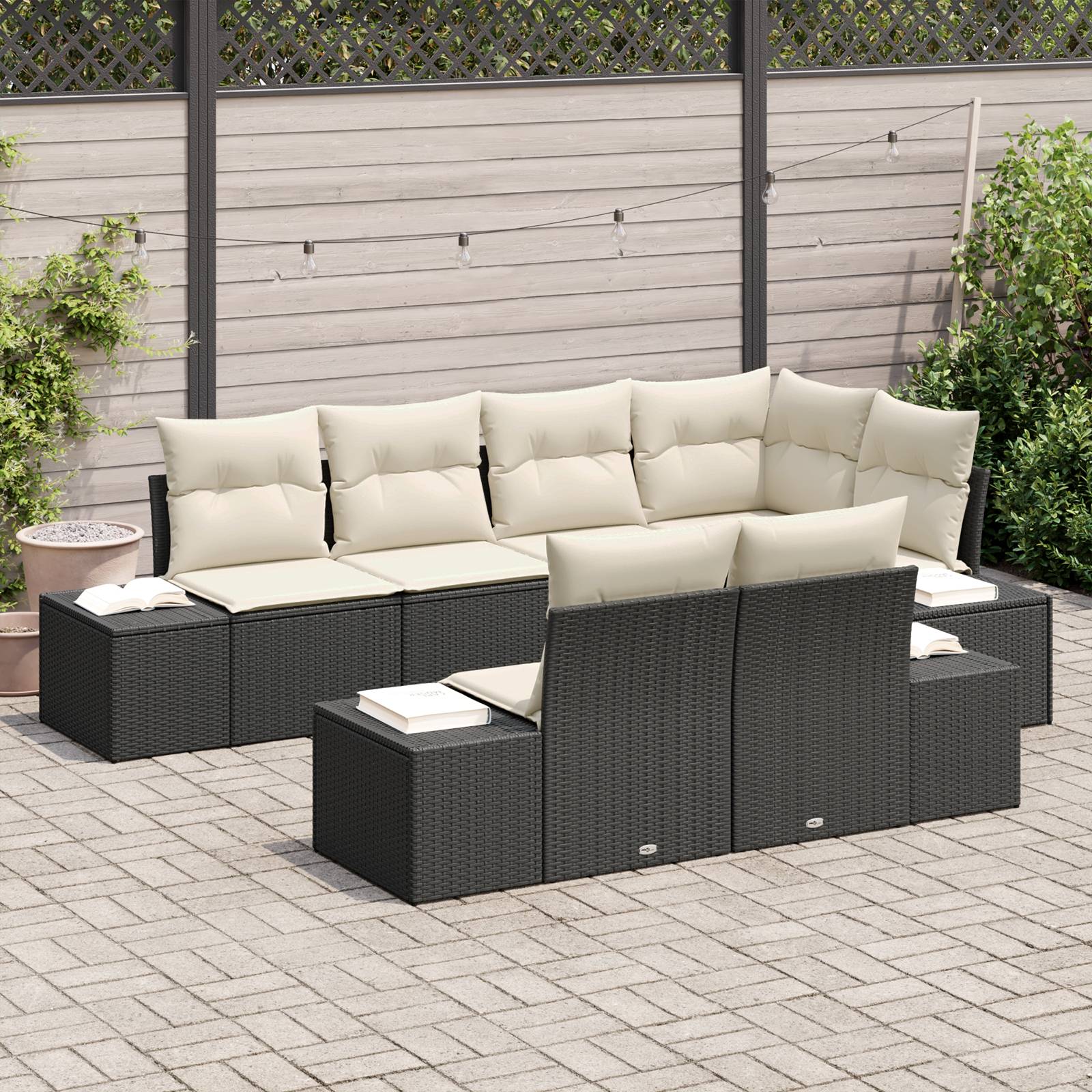 vidaXL 7-tlg. Garten-Sofagarnitur mit Kissen Schwarz Poly Rattan