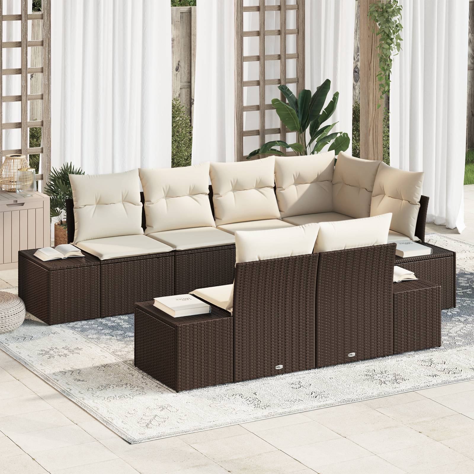 vidaXL 7-tlg. Garten-Sofagarnitur mit Kissen Braun Poly Rattan
