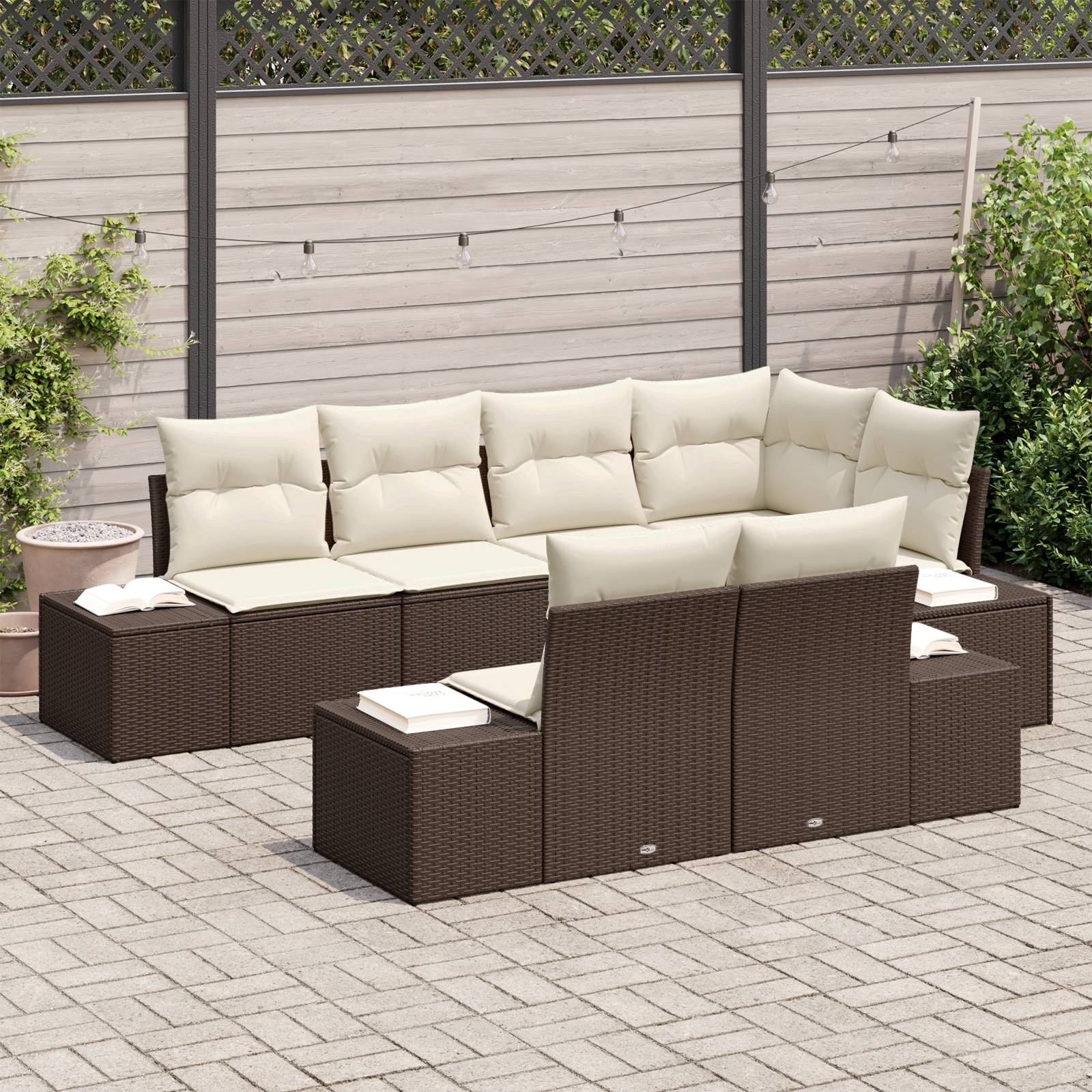 vidaXL 7-tlg. Garten-Sofagarnitur mit Kissen Braun Poly Rattan