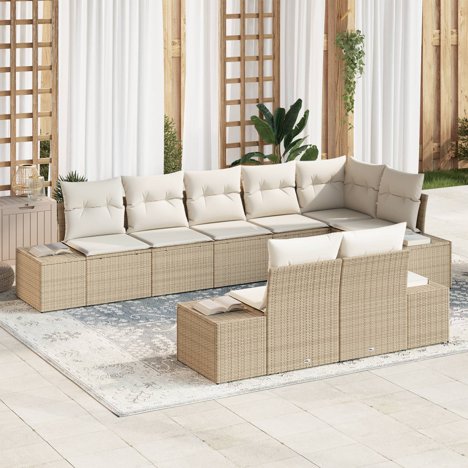 vidaXL 8-tlg. Garten-Sofagarnitur mit Kissen Beige Poly Rattan
