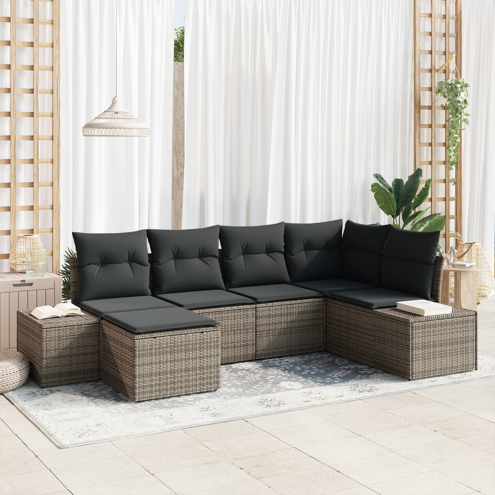 vidaXL 6-teiliges Garten-Sofa-Set mit Kissen Grau Poly Rattan
