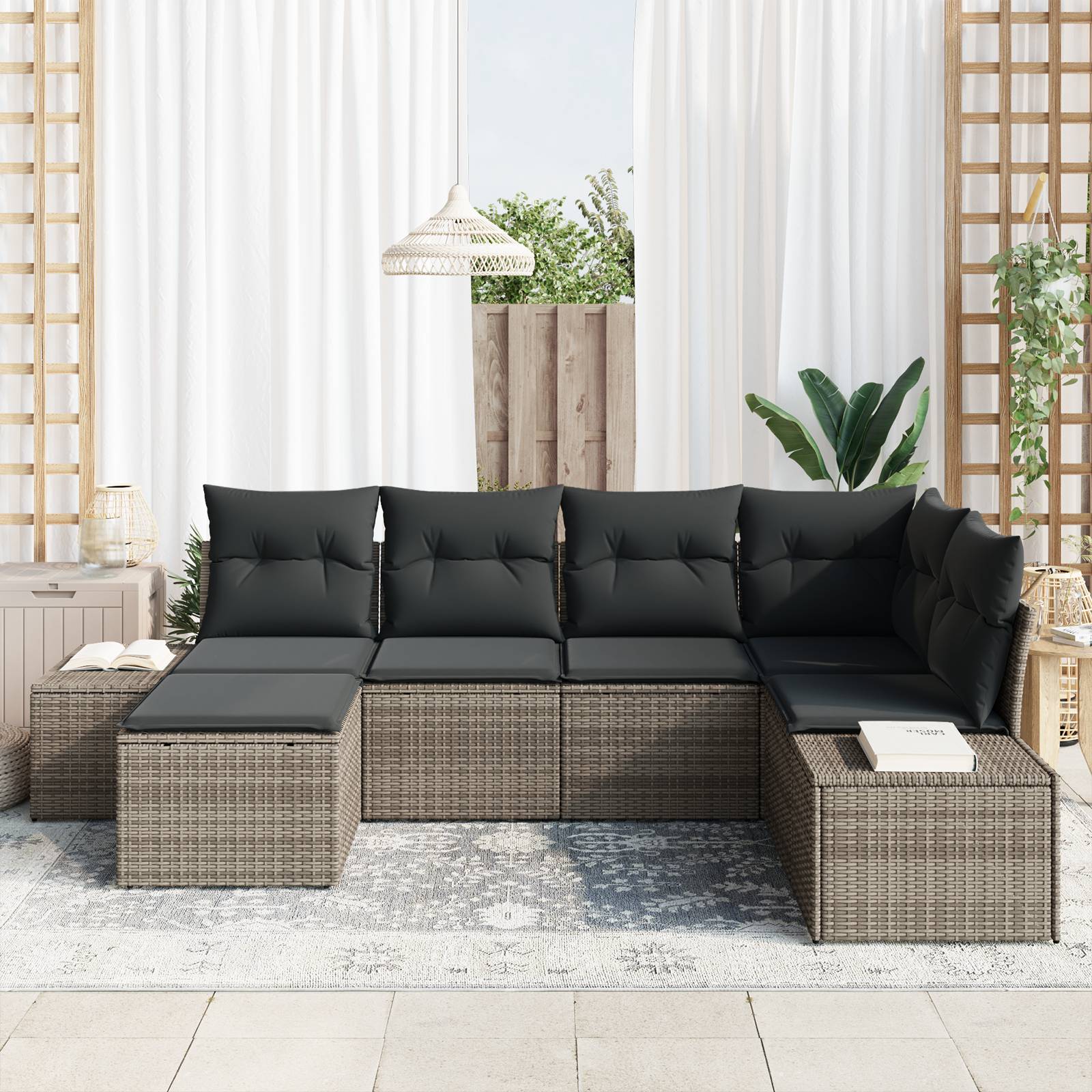 vidaXL 6-teiliges Garten-Sofa-Set mit Kissen Grau Poly Rattan