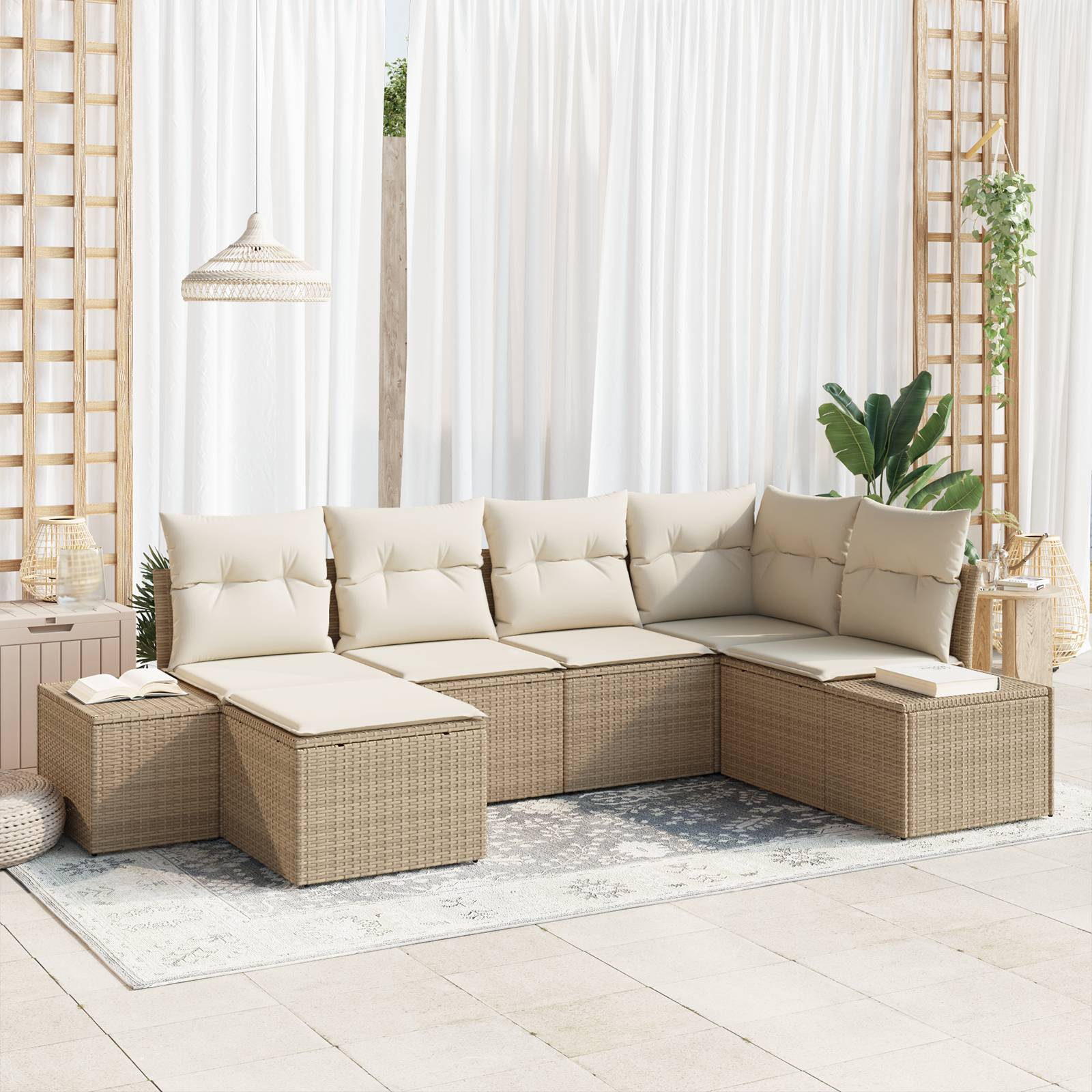vidaXL 6-teiliges Garten-Sofa-Set mit Kissen Beige Poly-Rattan