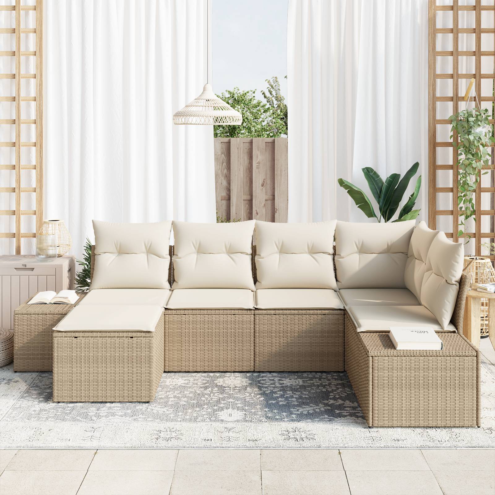 vidaXL 6-teiliges Garten-Sofa-Set mit Kissen Beige Poly-Rattan