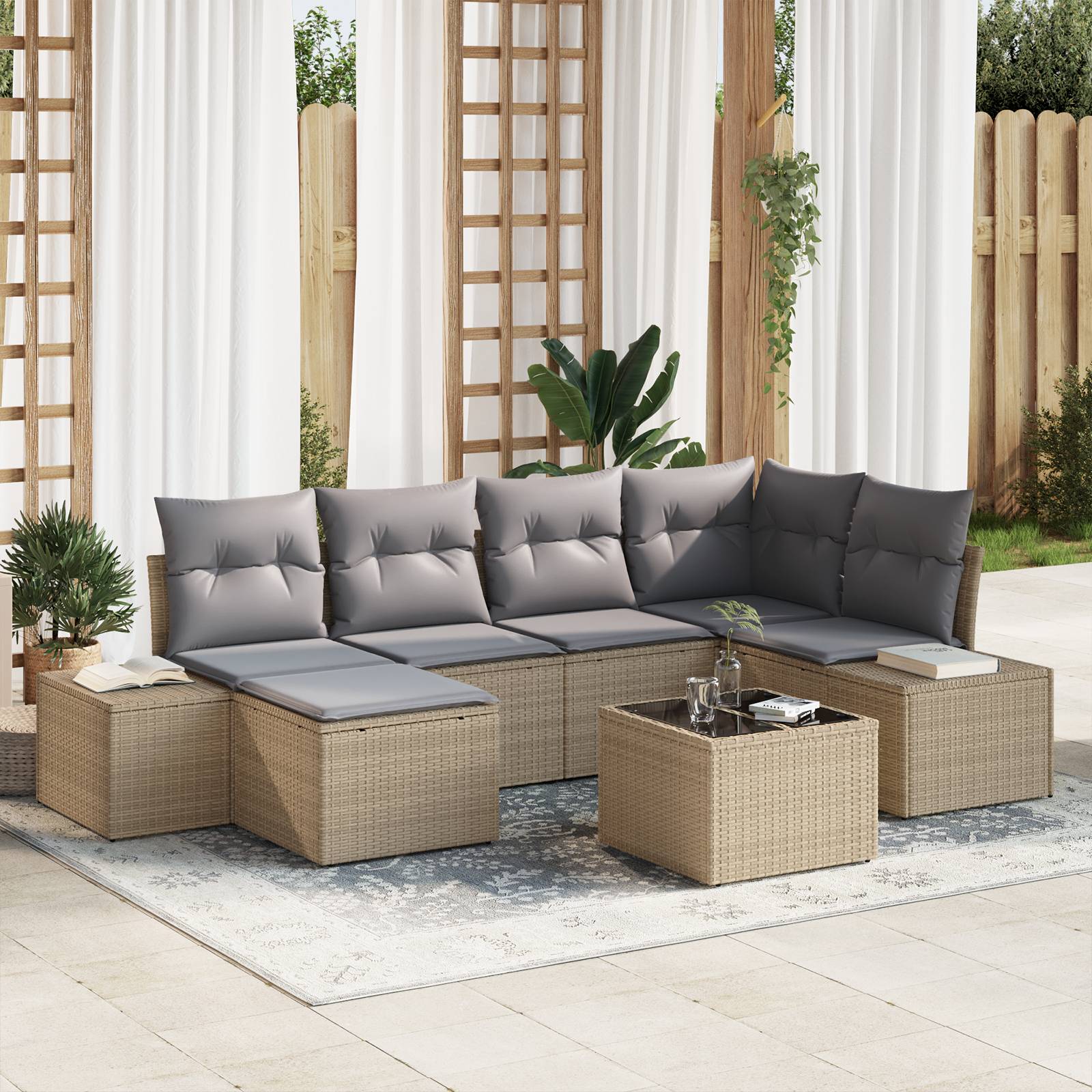 vidaXL 7-teiliges Garten Sofa Set mit Kissen Schwarz Poly-Rattan
