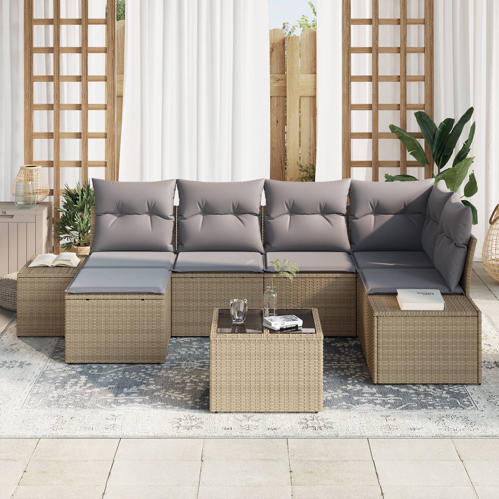 vidaXL 7-teiliges Garten Sofa Set mit Kissen Schwarz Poly-Rattan
