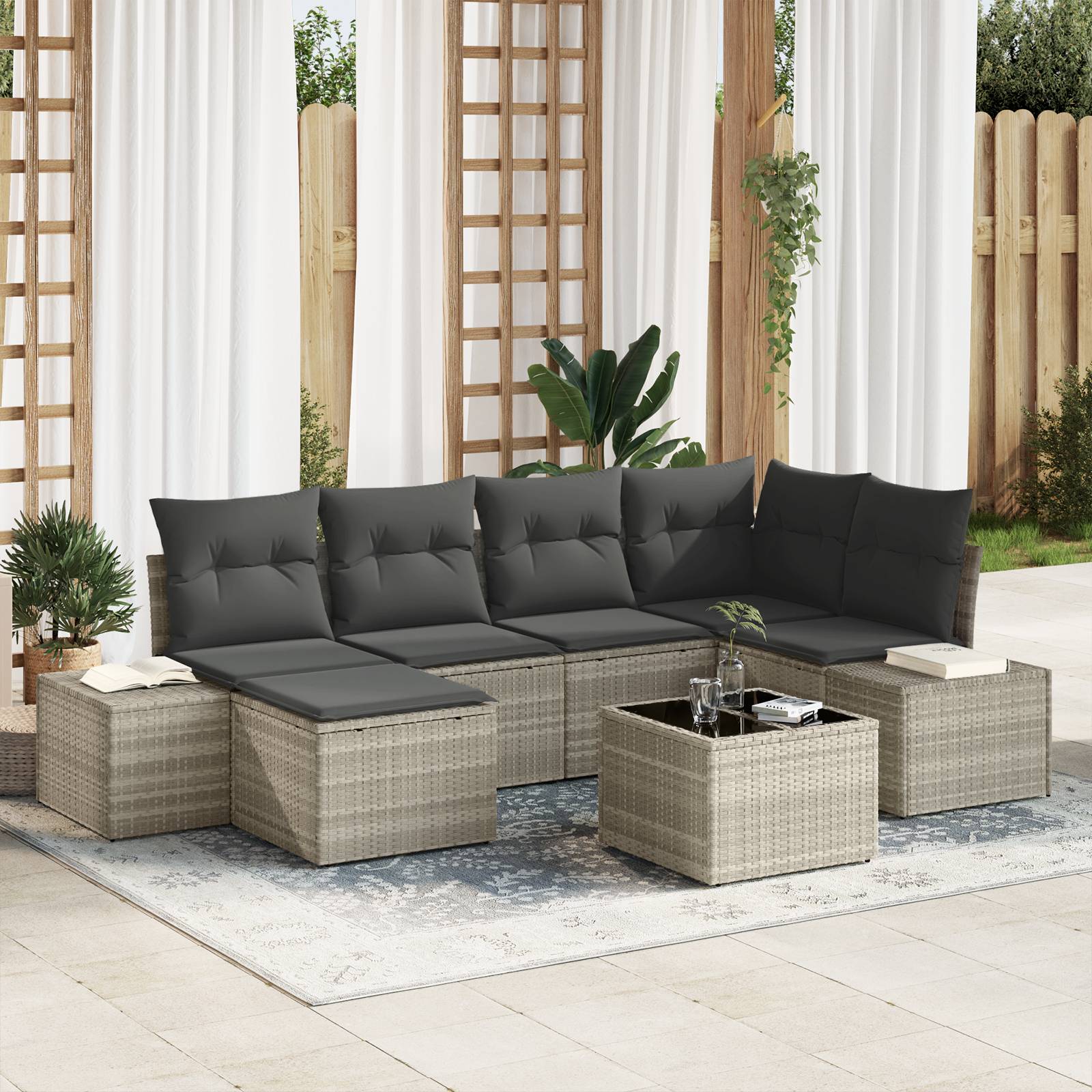 vidaXL 7-tlg. Garten-Sofagarnitur mit Kissen Grau Poly Rattan
