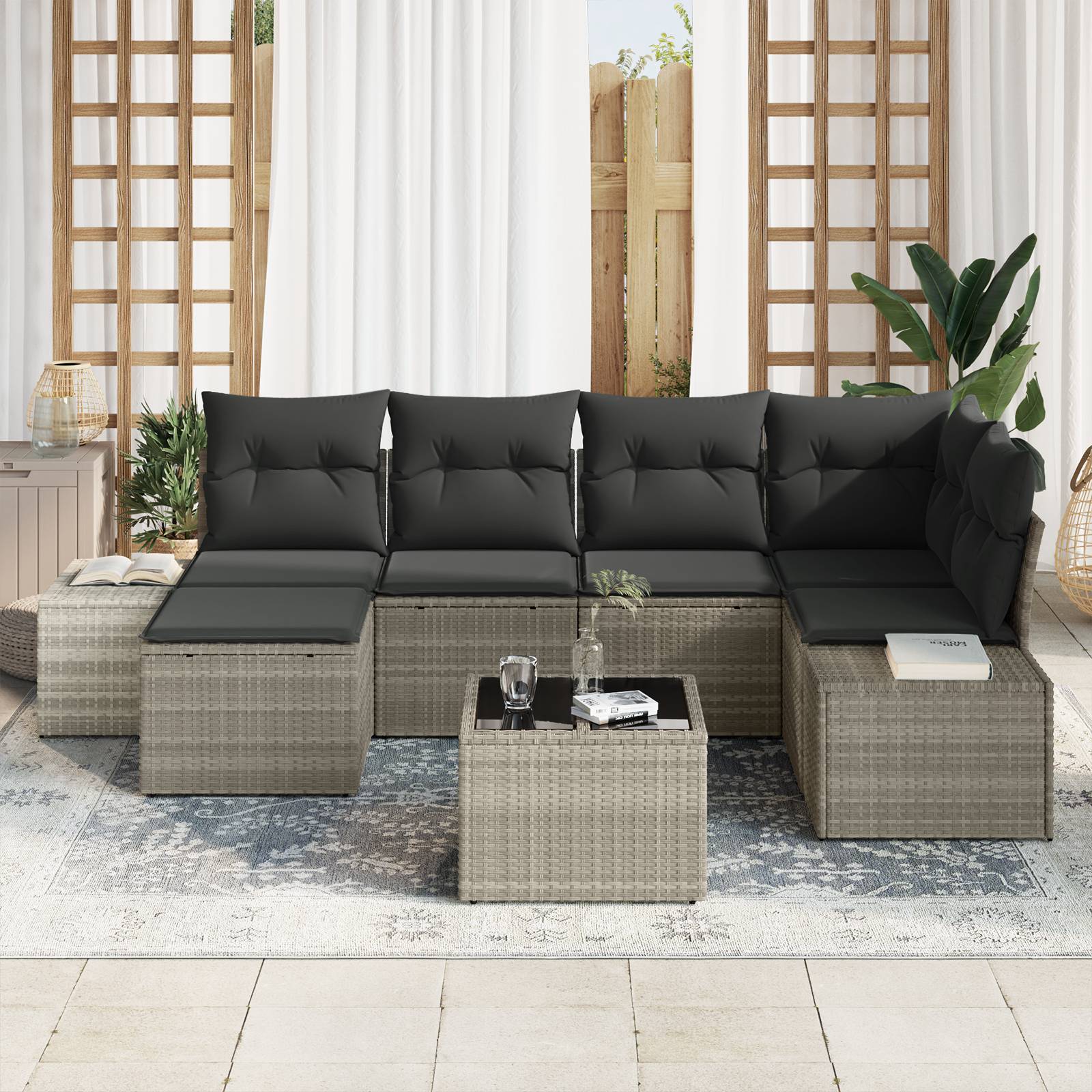 vidaXL 7-tlg. Garten-Sofagarnitur mit Kissen Grau Poly Rattan