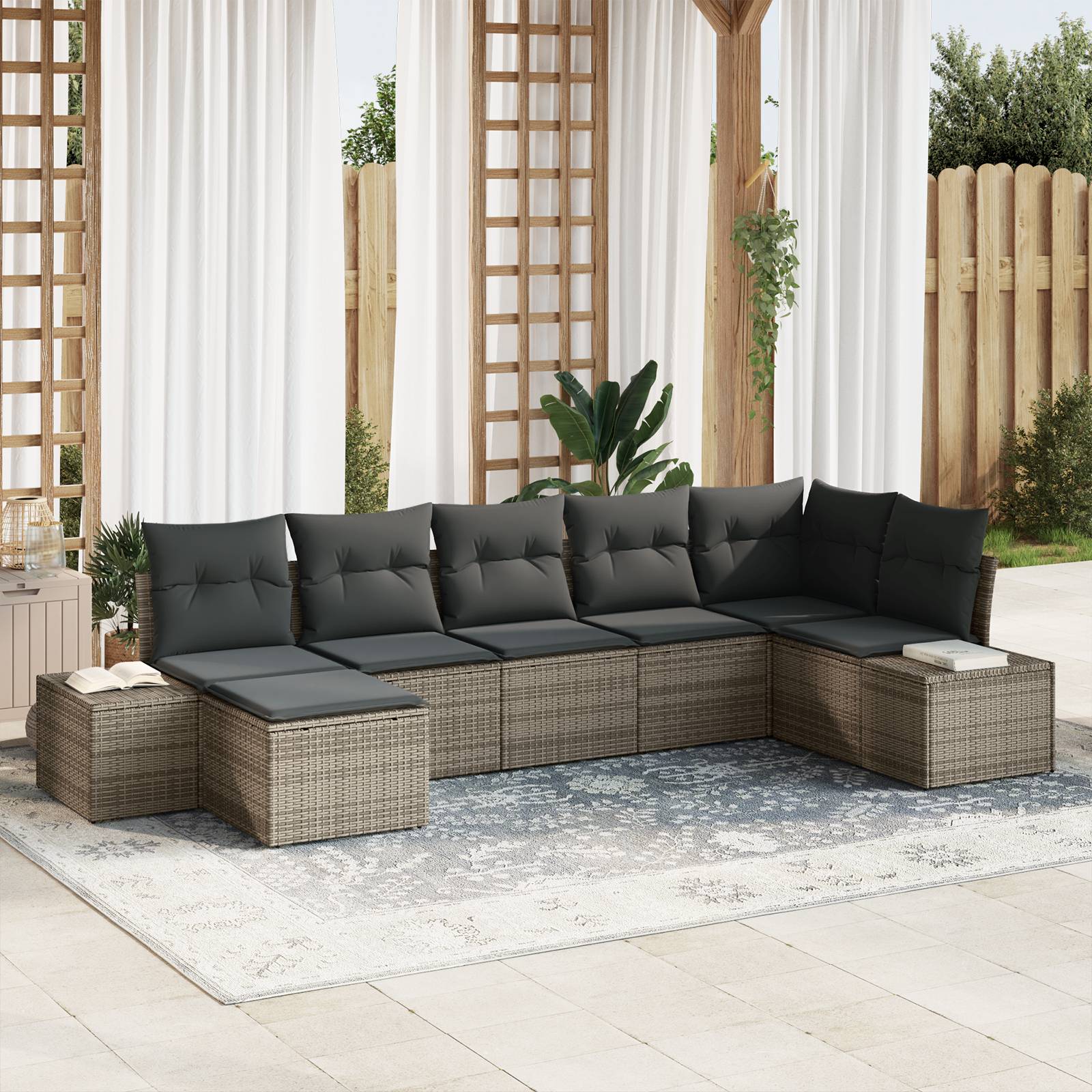 vidaXL 7-teiliges Garten Sofa Set mit Kissen Grau Poly Rattan