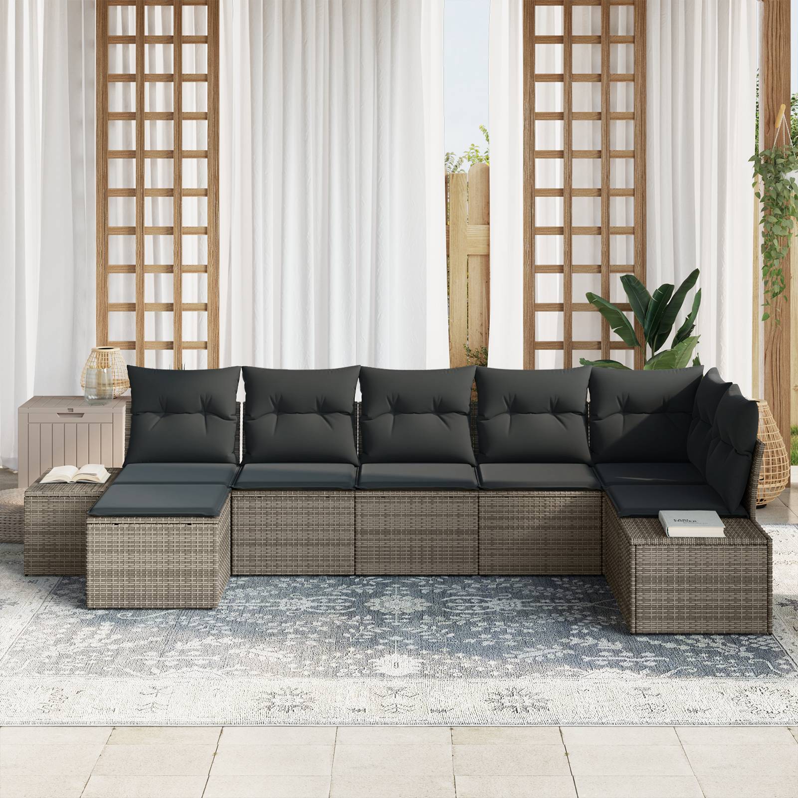 vidaXL 7-teiliges Garten Sofa Set mit Kissen Grau Poly Rattan