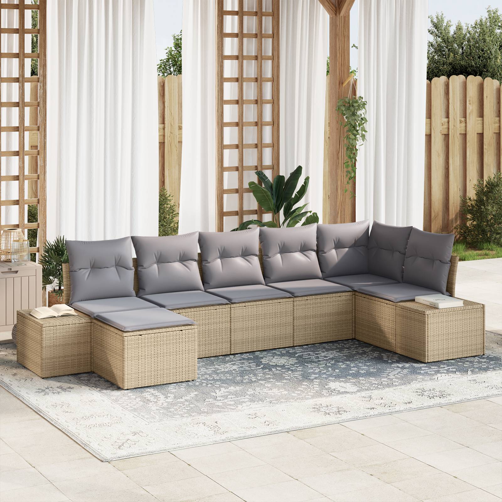 vidaXL 7-teiliges Garten-Sofa-Set mit Kissen Beige Poly-Rattan
