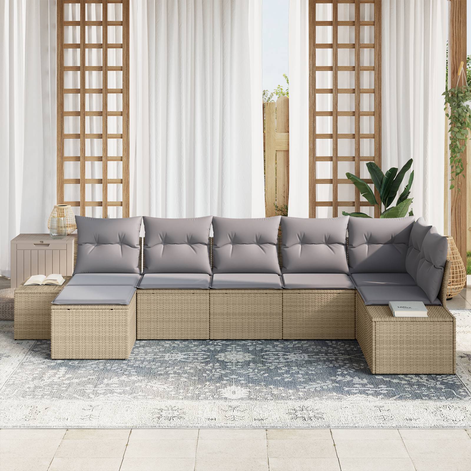 vidaXL 7-teiliges Garten-Sofa-Set mit Kissen Beige Poly-Rattan