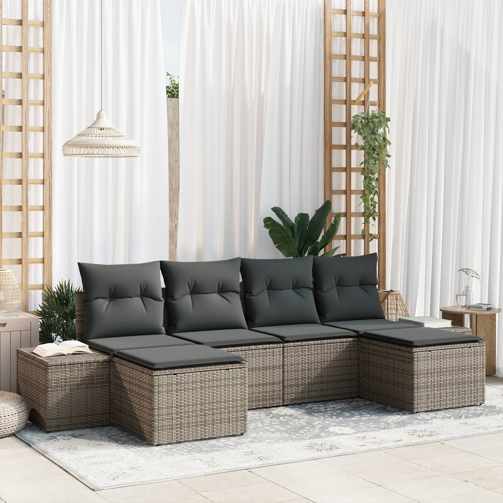 vidaXL 6-teiliges Garten Sofa Set mit Kissen Grau Poly Rattan