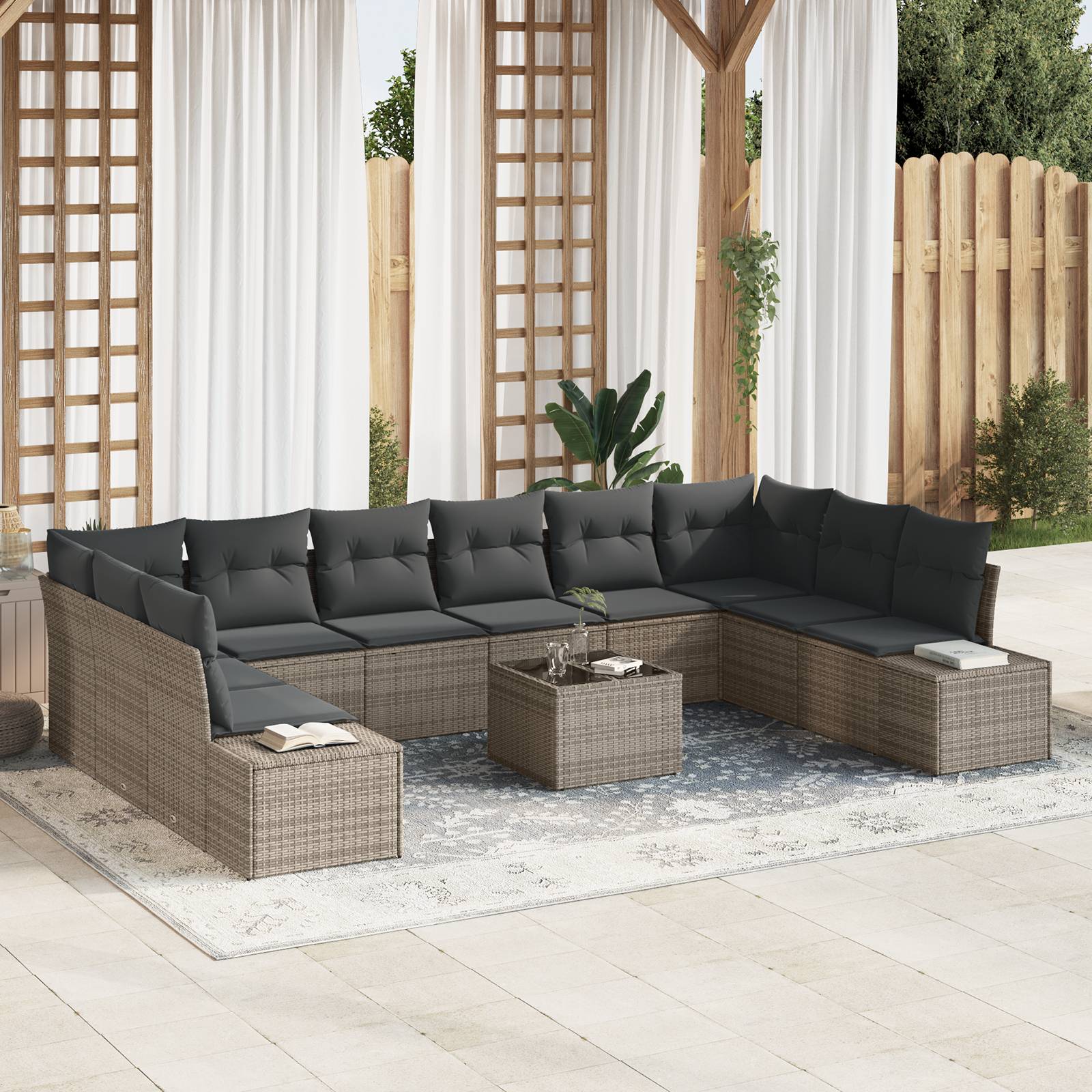vidaXL 10-teiliges Garten-Sofa-Set mit Kissen Schwarz Poly-Rattan