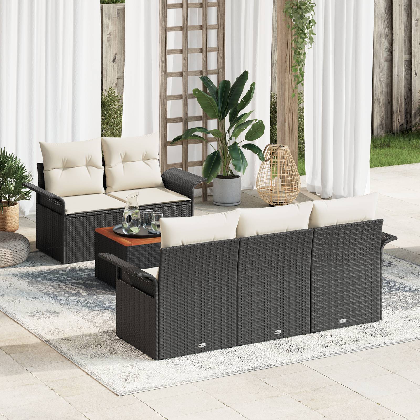 vidaXL 6-teiliges Garten Sofa Set mit Kissen Schwarz Poly Rattan Akazie
