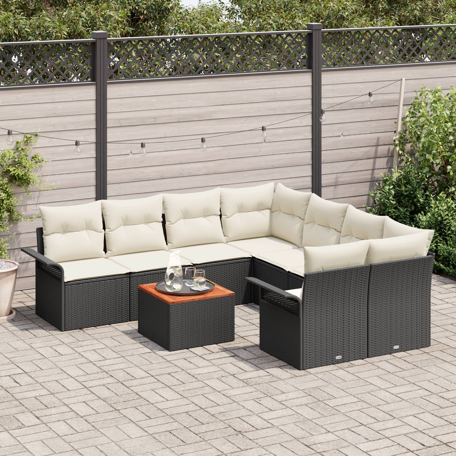 vidaXL 9-tlg. Garten-Sofagarnitur mit Kissen Schwarz Poly Rattan