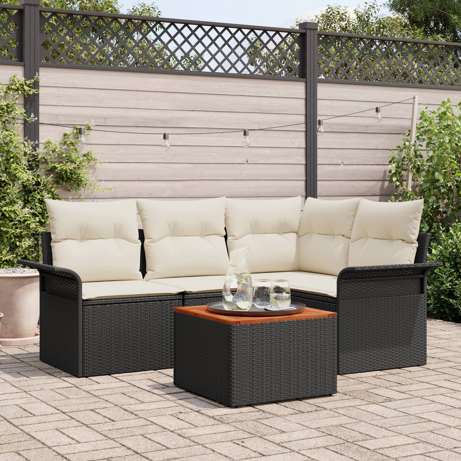 vidaXL 5-Teiliges Garten-Sofaset mit Kissen Schwarz Poly Rattan Akazie