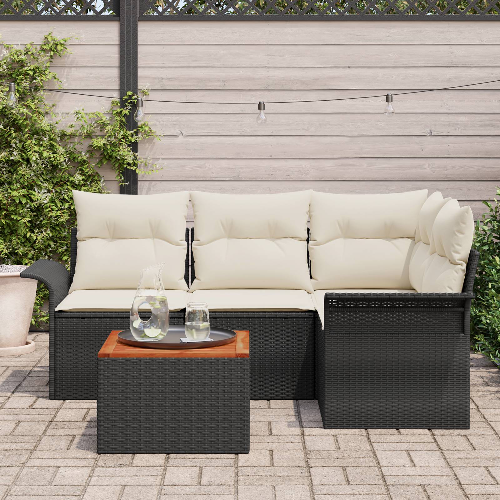 vidaXL 5-Teiliges Garten-Sofaset mit Kissen Schwarz Poly Rattan Akazie