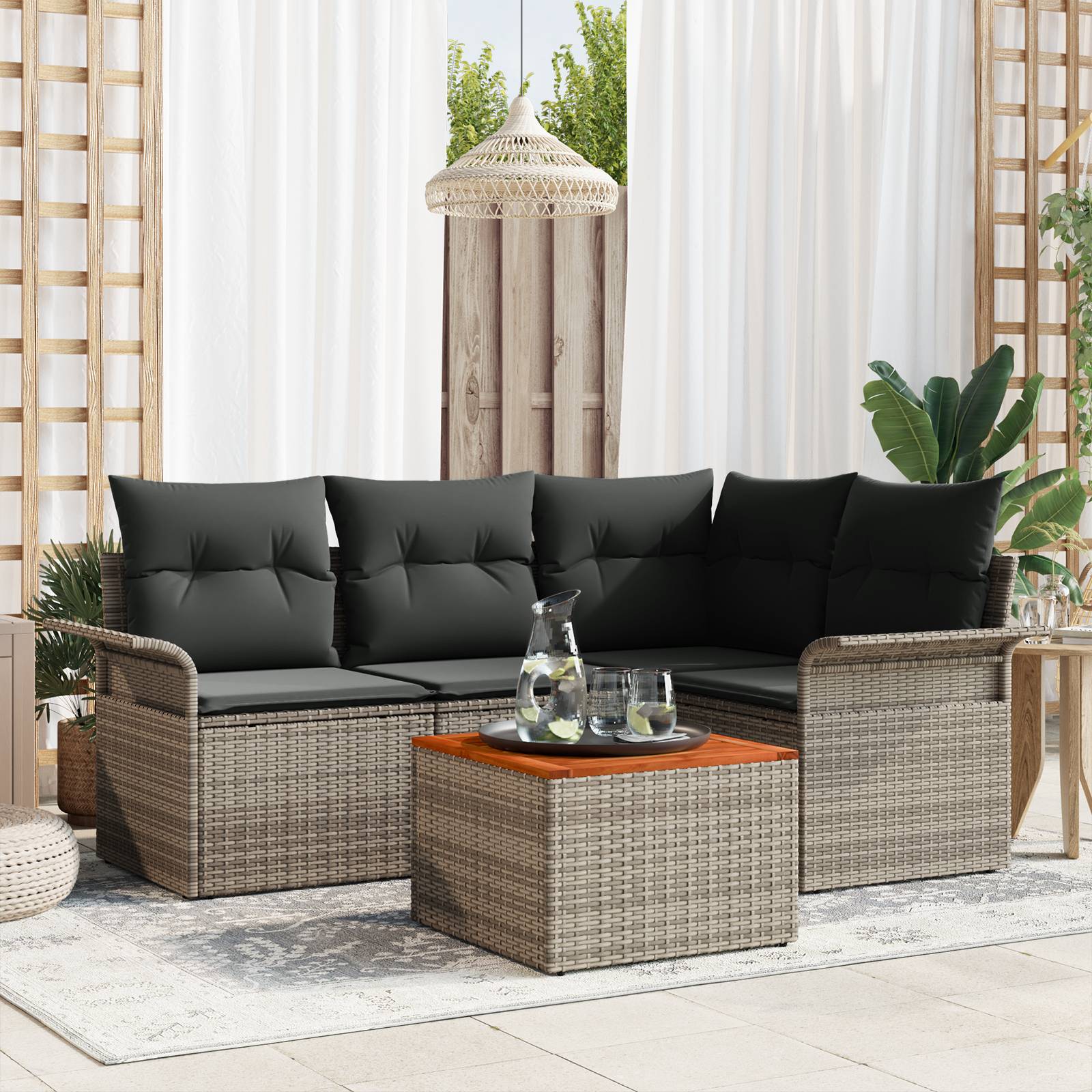 vidaXL 5-teiliges Garten Sofa Set mit Kissen Grau Poly Rattan Akazie