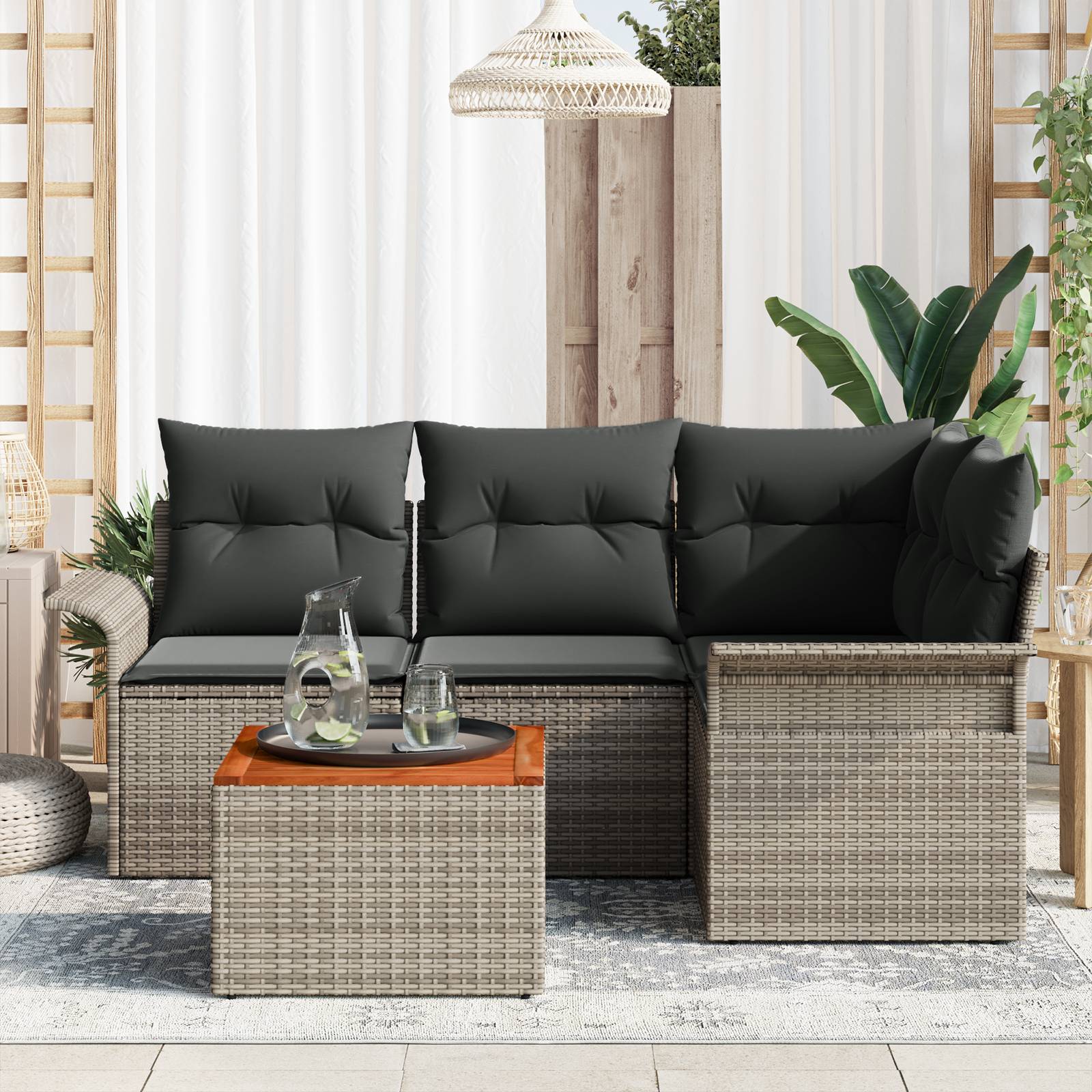 vidaXL 5-teiliges Garten Sofa Set mit Kissen Grau Poly Rattan Akazie