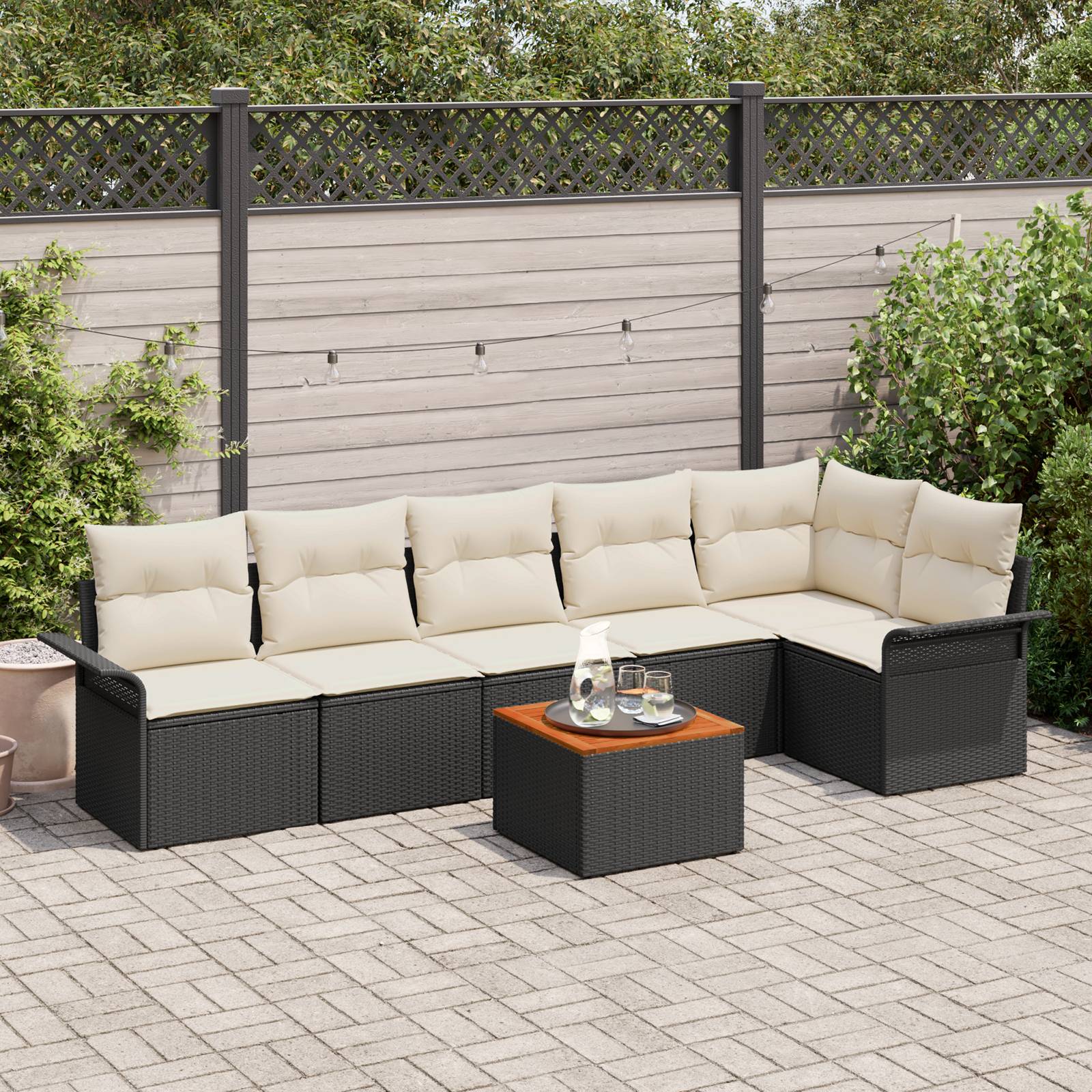 vidaXL 7-teiliges Garten Sofa Set mit Kissen Schwarz Poly Rattan Akazie