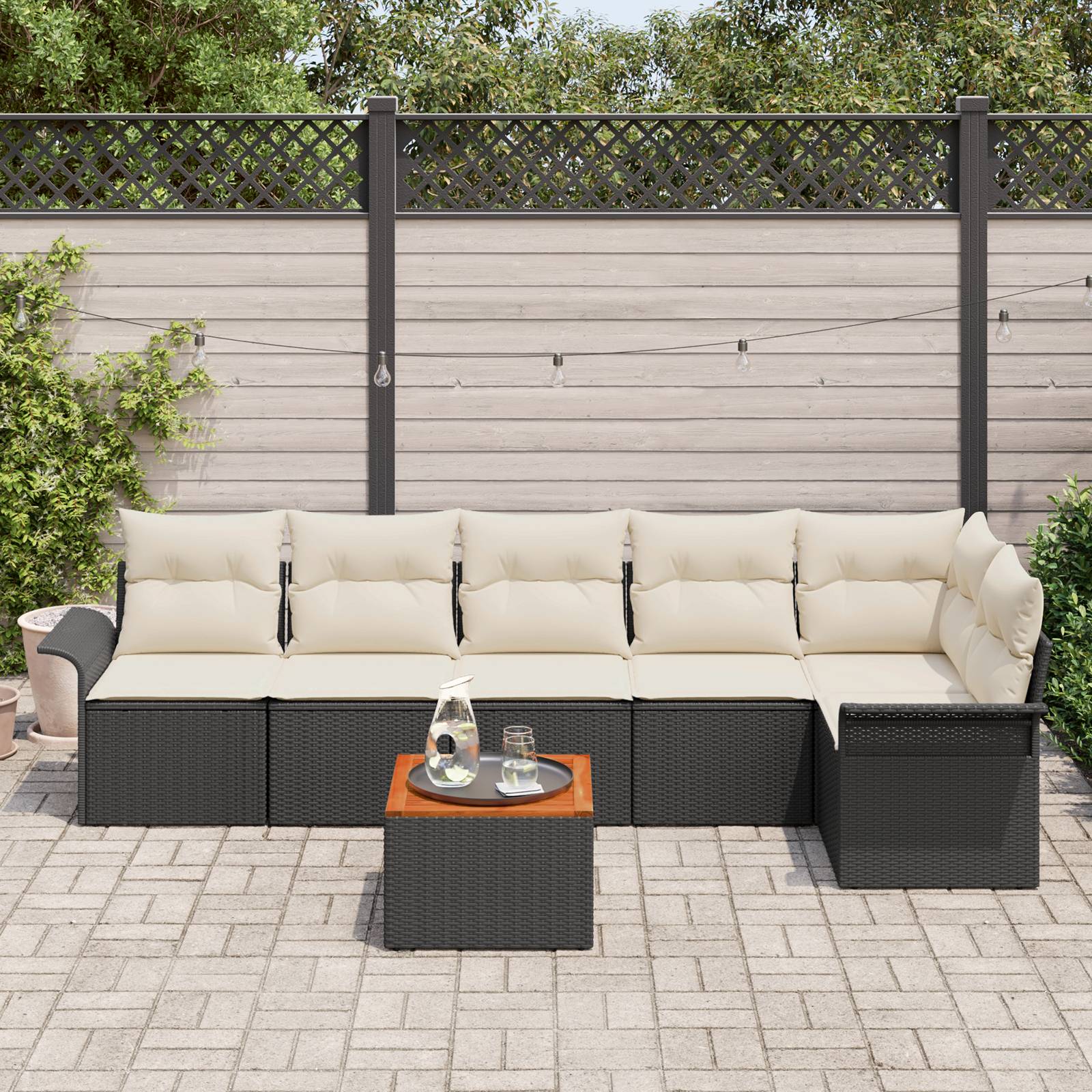 vidaXL 7-teiliges Garten Sofa Set mit Kissen Schwarz Poly Rattan Akazie