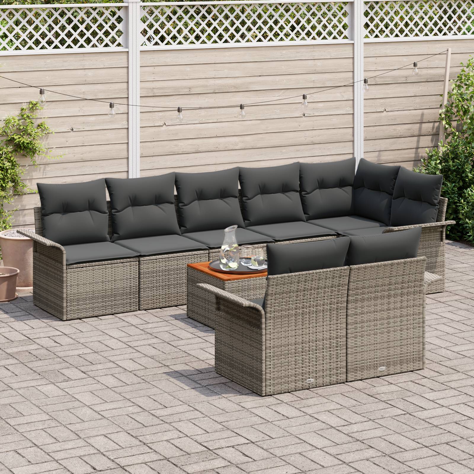 vidaXL 9-tlg. Garten-Sofagarnitur mit Kissen Grau Poly Rattan Akazie